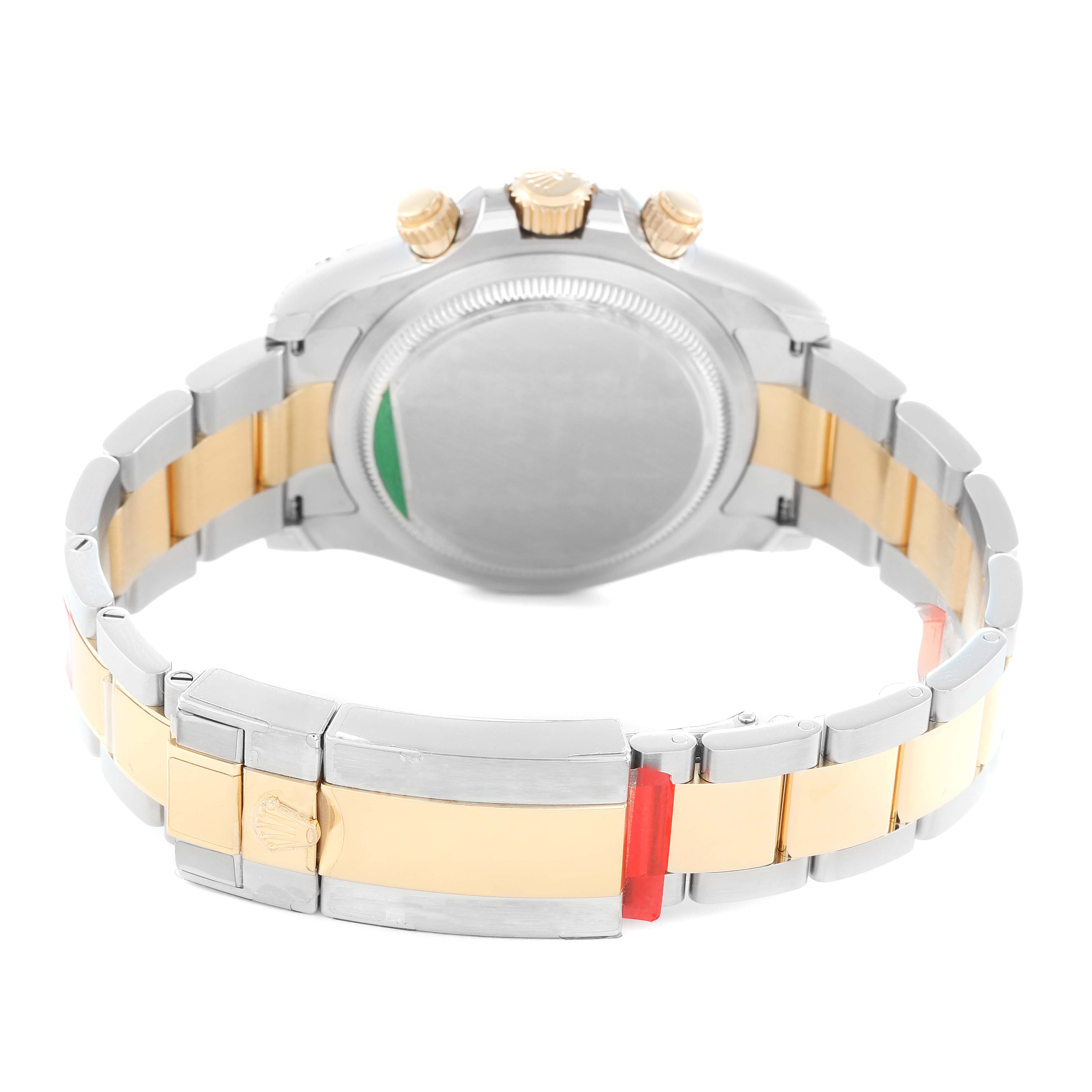 The Rolex Daytona 126503 Men
s Steel and Gold (two tone) Black Dial watch is shown from the back, highlighting the clasp, bracelet, and crown.