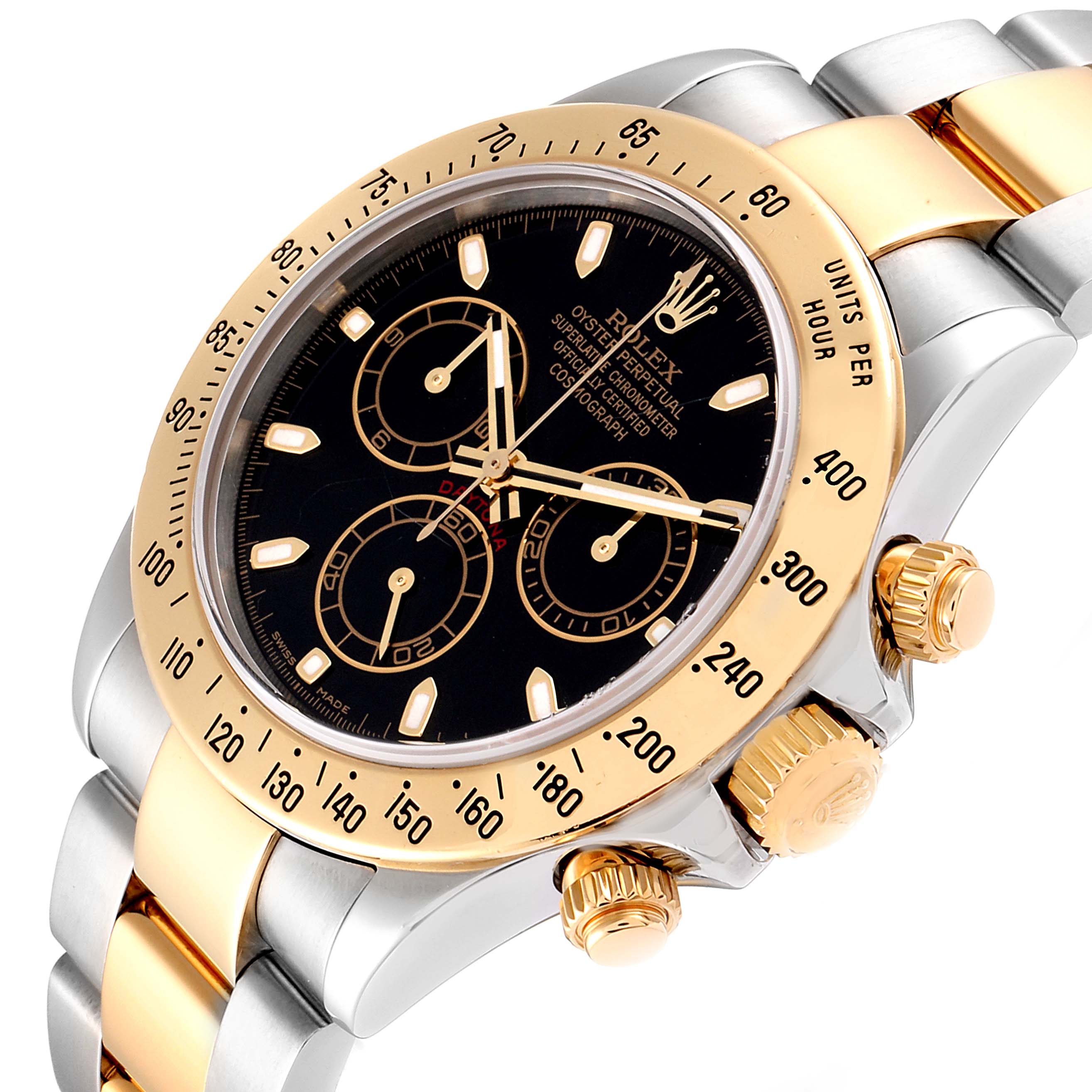 This image shows a Rolex Daytona 116523 Men
s Steel and Gold (two tone) Black Dial 116523 Men
s Steel and Gold (two tone) Black Dial model, displaying its dial, bezel, and part of its bracelet from a three-quarter angle.