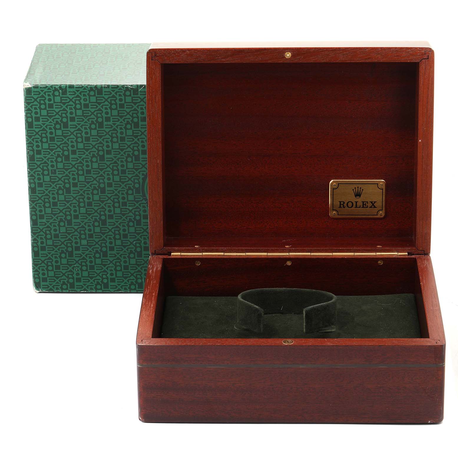 The image shows an open wooden box and outer green box for a Rolex Daytona 116523 Men
s Steel and Gold (two tone) Black Dial 116523 Men
s Steel and Gold (two tone) Black Dial watch, with the Rolex logo inside the wooden box.