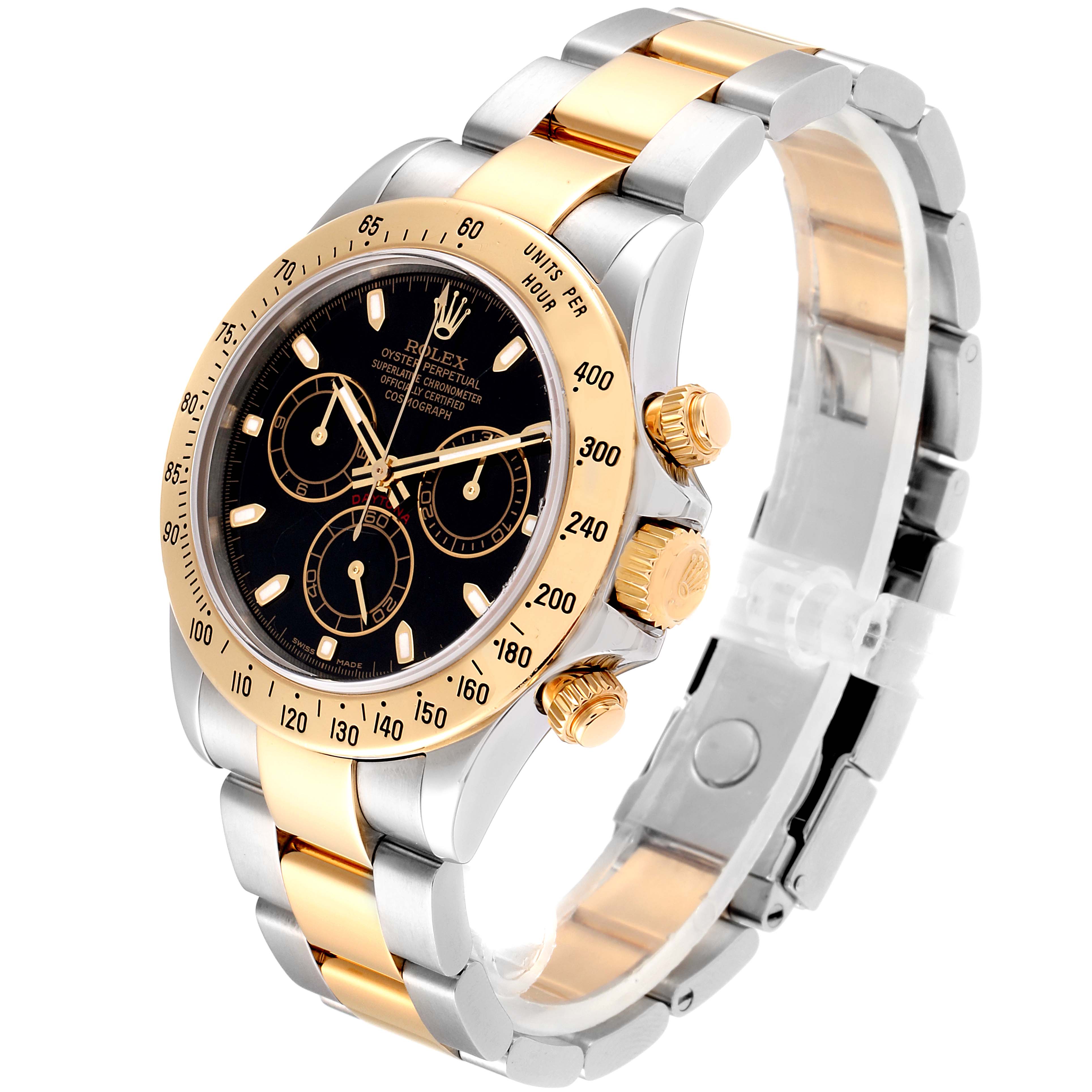 The Rolex Daytona 116523 Men
s Steel and Gold (two tone) Black Dial 116523 Men
s Steel and Gold (two tone) Black Dial watch is shown at a three-quarter angle, highlighting the dial, bezel, and bracelet.