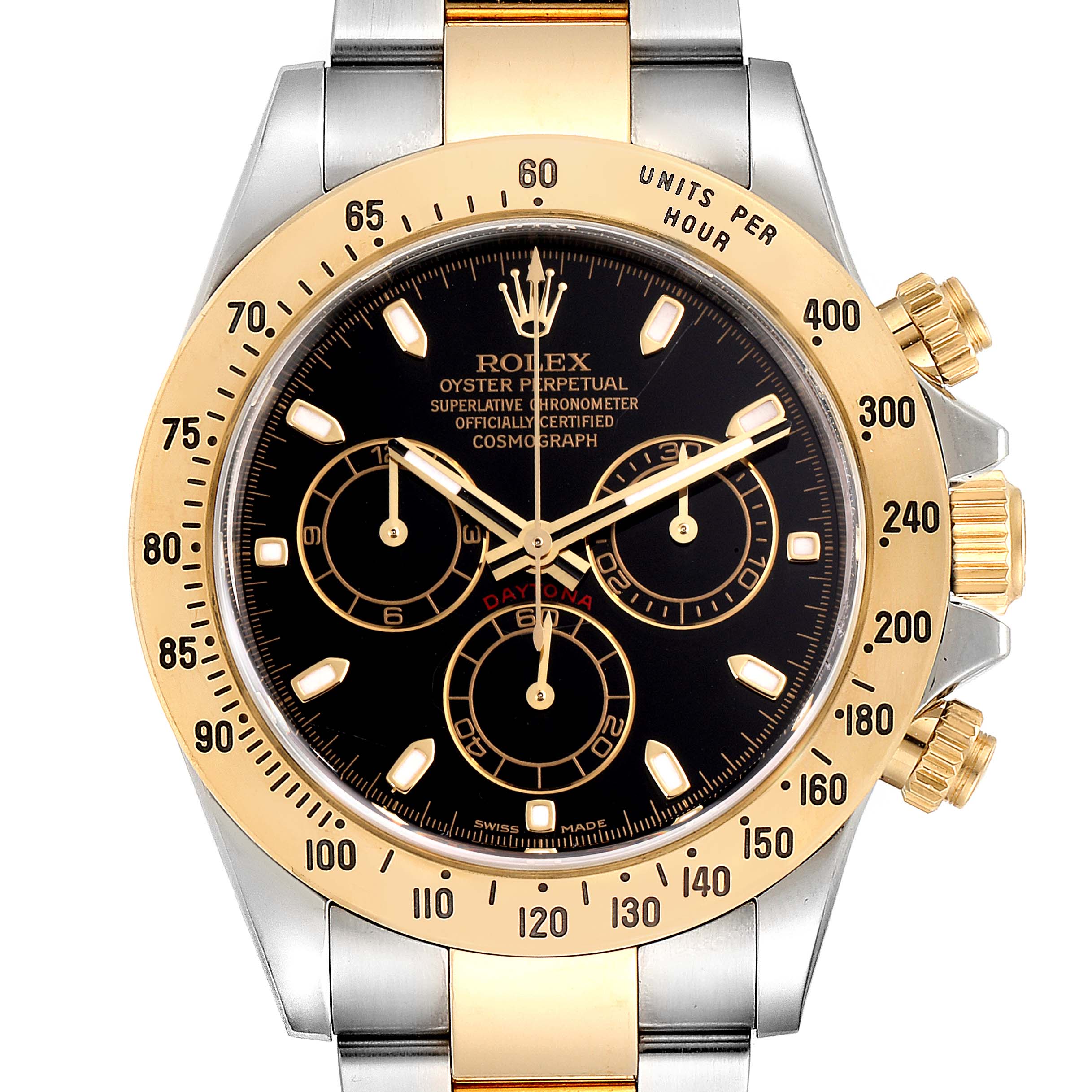 The image shows a front view of a Rolex Daytona 116523 Men
s Steel and Gold (two tone) Black Dial 116523 Men
s Steel and Gold (two tone) Black Dial watch, highlighting its bezel, dial, sub-dials, and bracelet.