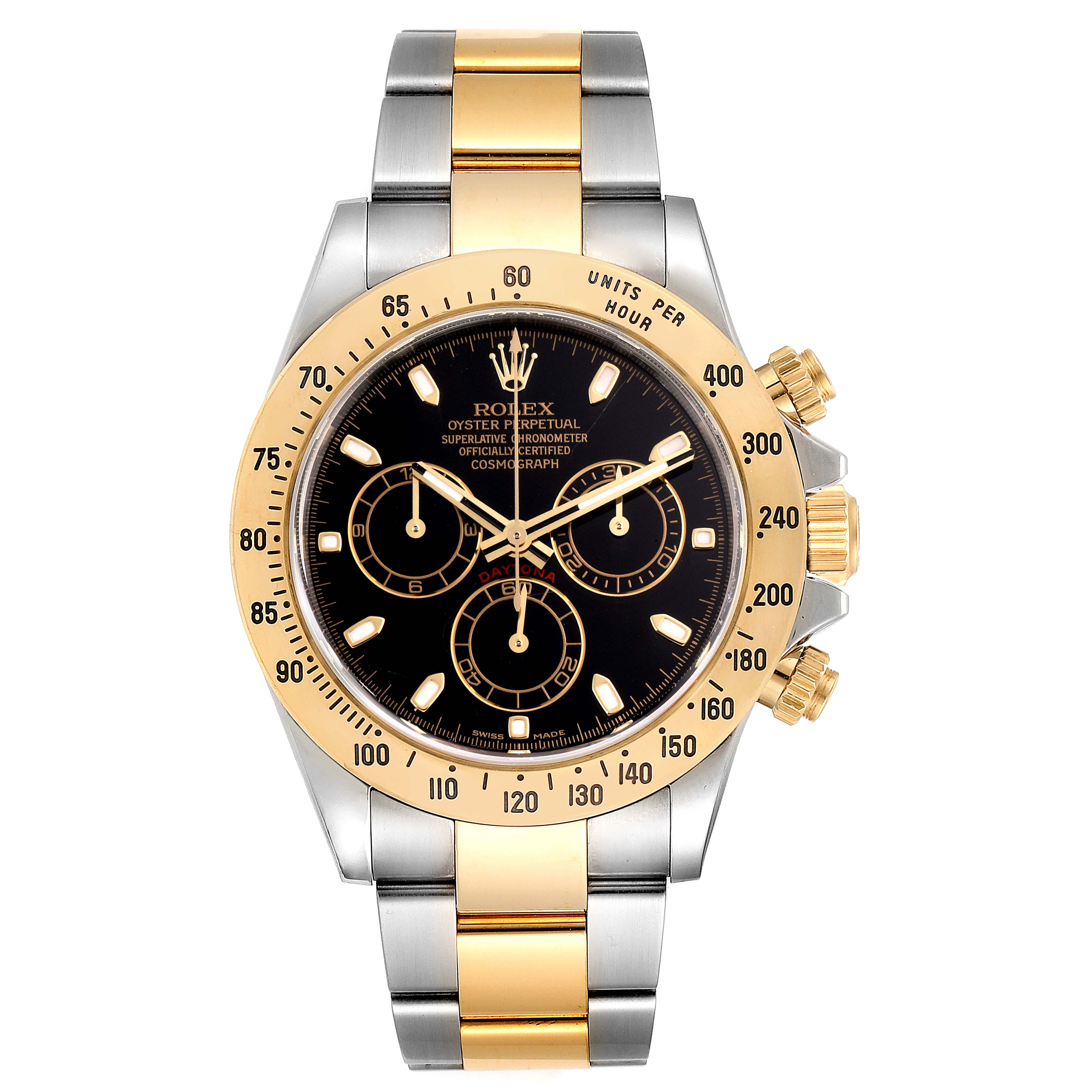 The image shows a front view of a Rolex Daytona 116523 Men
s Steel and Gold (two tone) Black Dial 116523 Men
s Steel and Gold (two tone) Black Dial watch, highlighting its black dial, gold bezel, and two-tone bracelet.