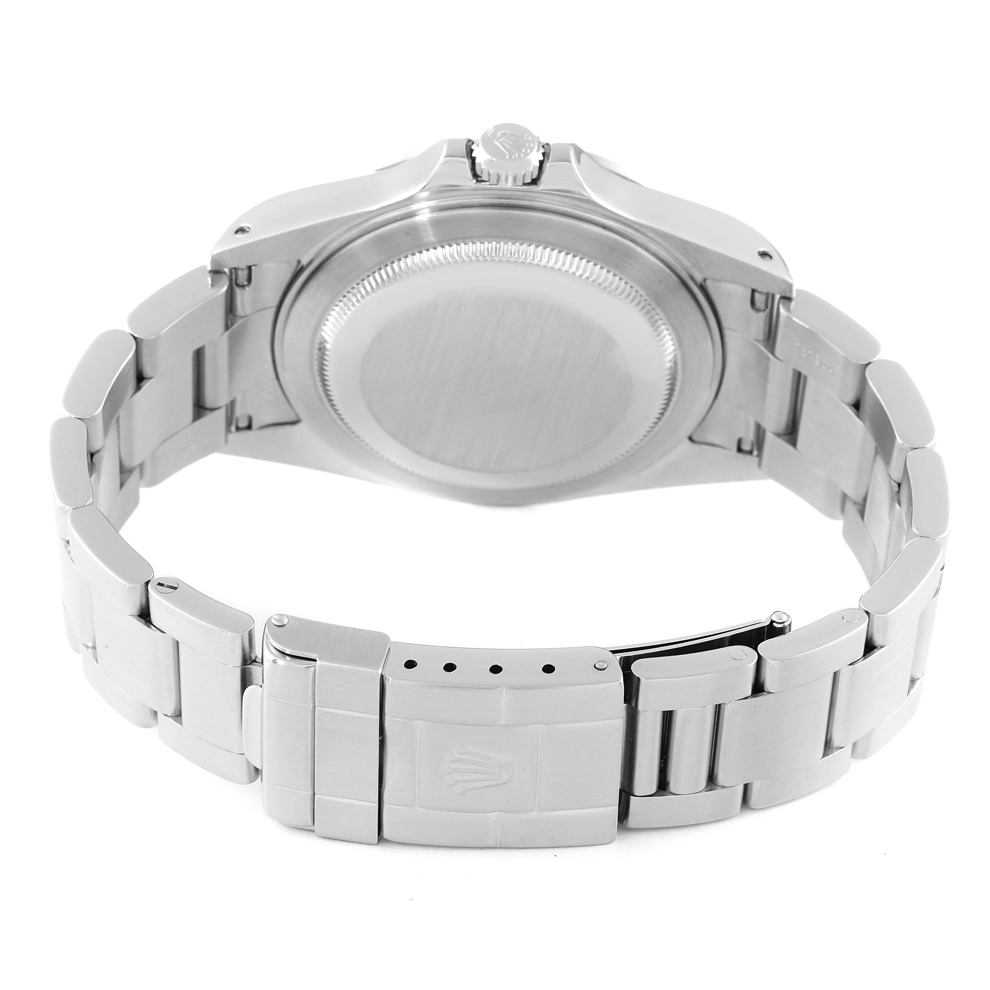 The image shows the back view of the Rolex Explorer 16570 Men's Stainless Steel Black Dial 16570 Men's Stainless Steel Black Dial watch, highlighting its case back and stainless steel bracelet.