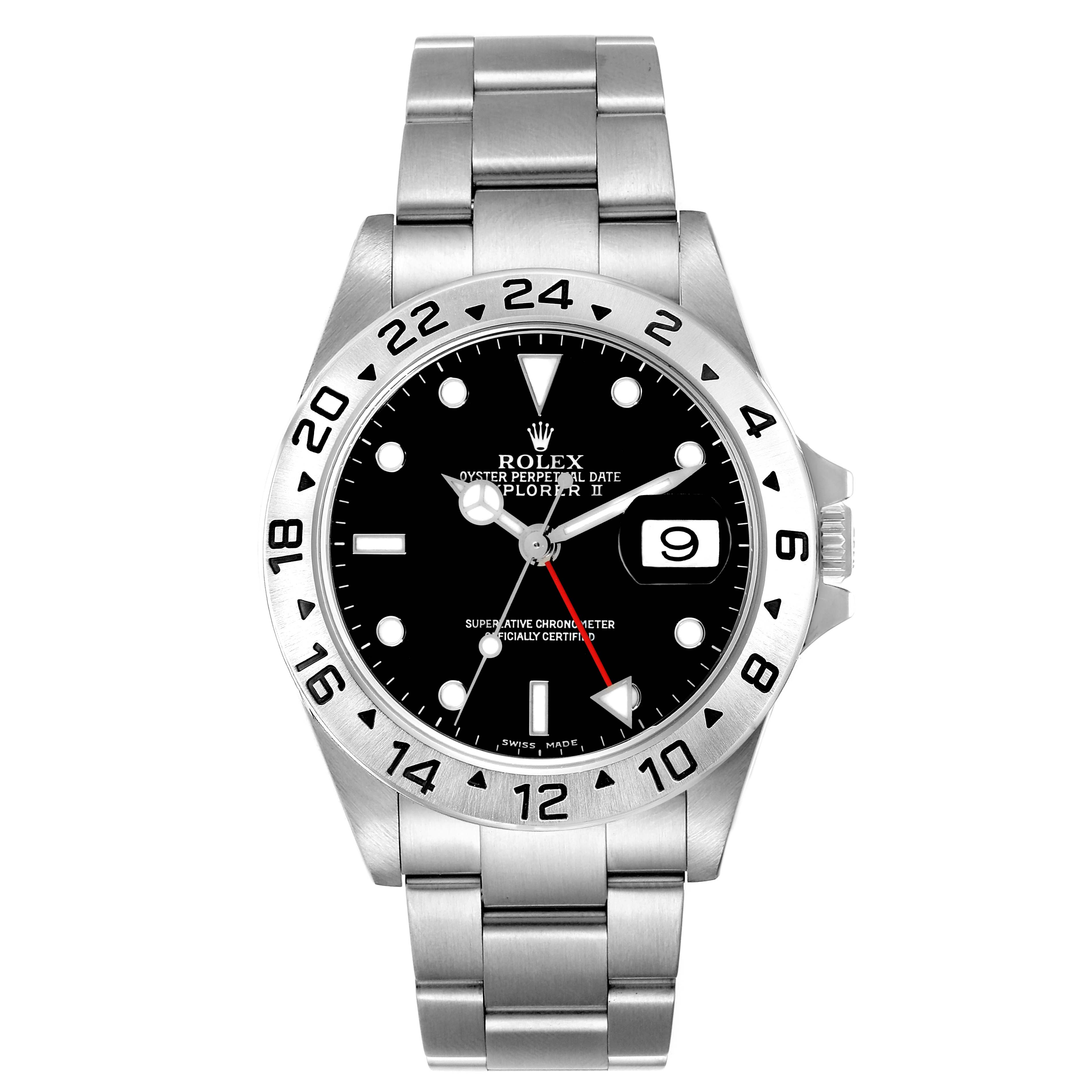 This is a frontal view of a Rolex Explorer 16570 Men's Stainless Steel Black Dial 16570 Men's Stainless Steel Black Dial watch, showing the face, bezel, bracelet, and crown.