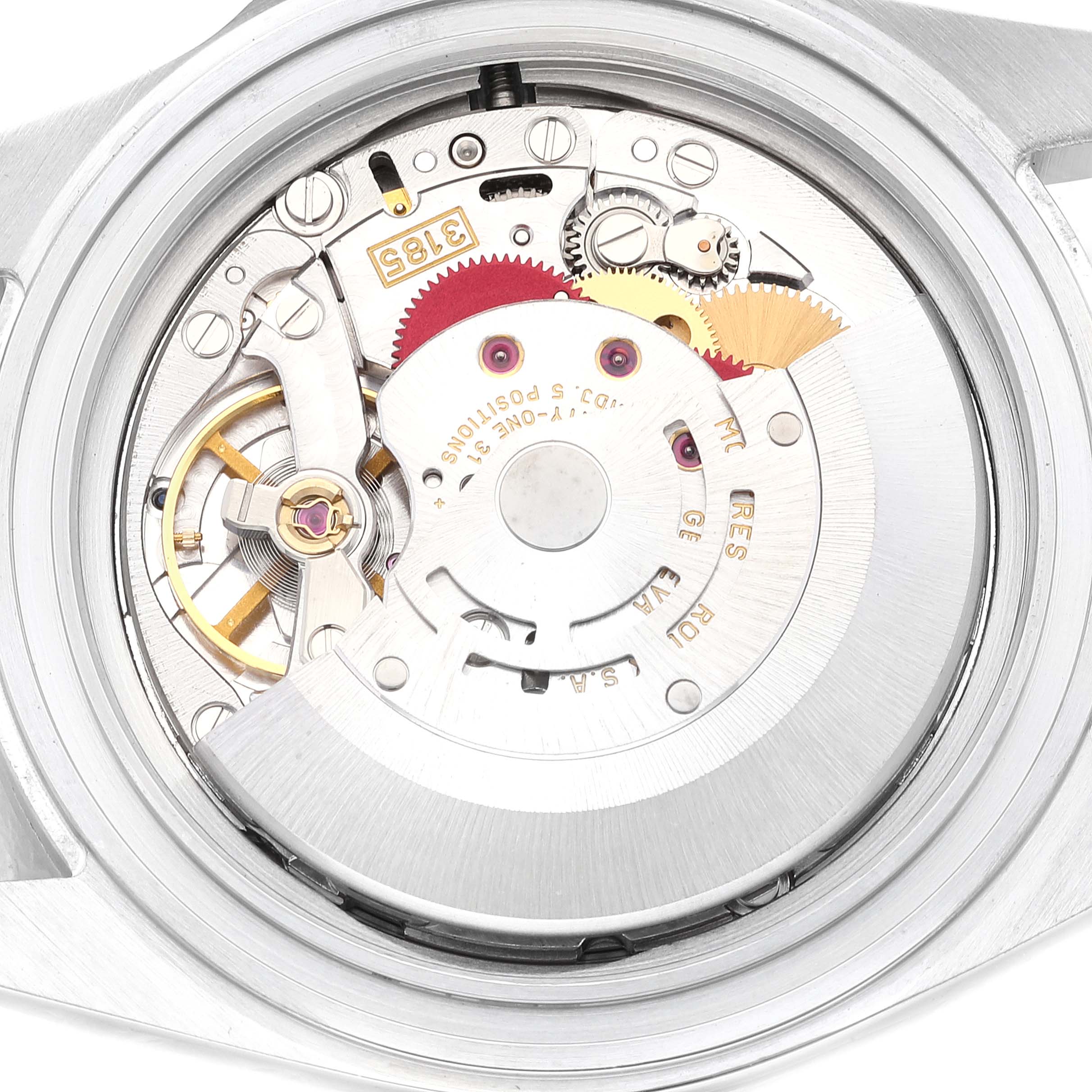 The image shows the internal movement mechanism of a Rolex Explorer 16570 Men's Stainless Steel Black Dial 16570 Men's Stainless Steel Black Dial watch viewed from the back.