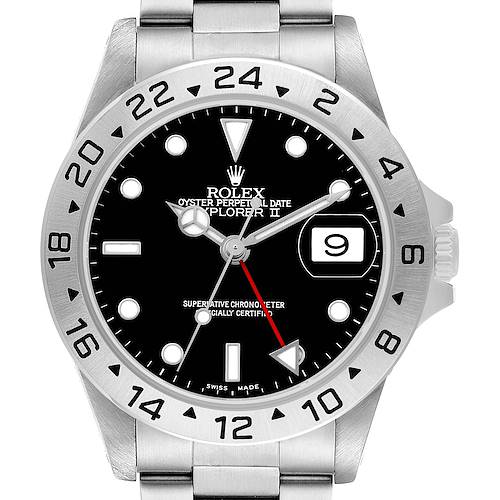 The Rolex Explorer 16570 Men's Stainless Steel Black Dial watch is shown from a front angle, highlighting the bezel, dial, hands, and date display.