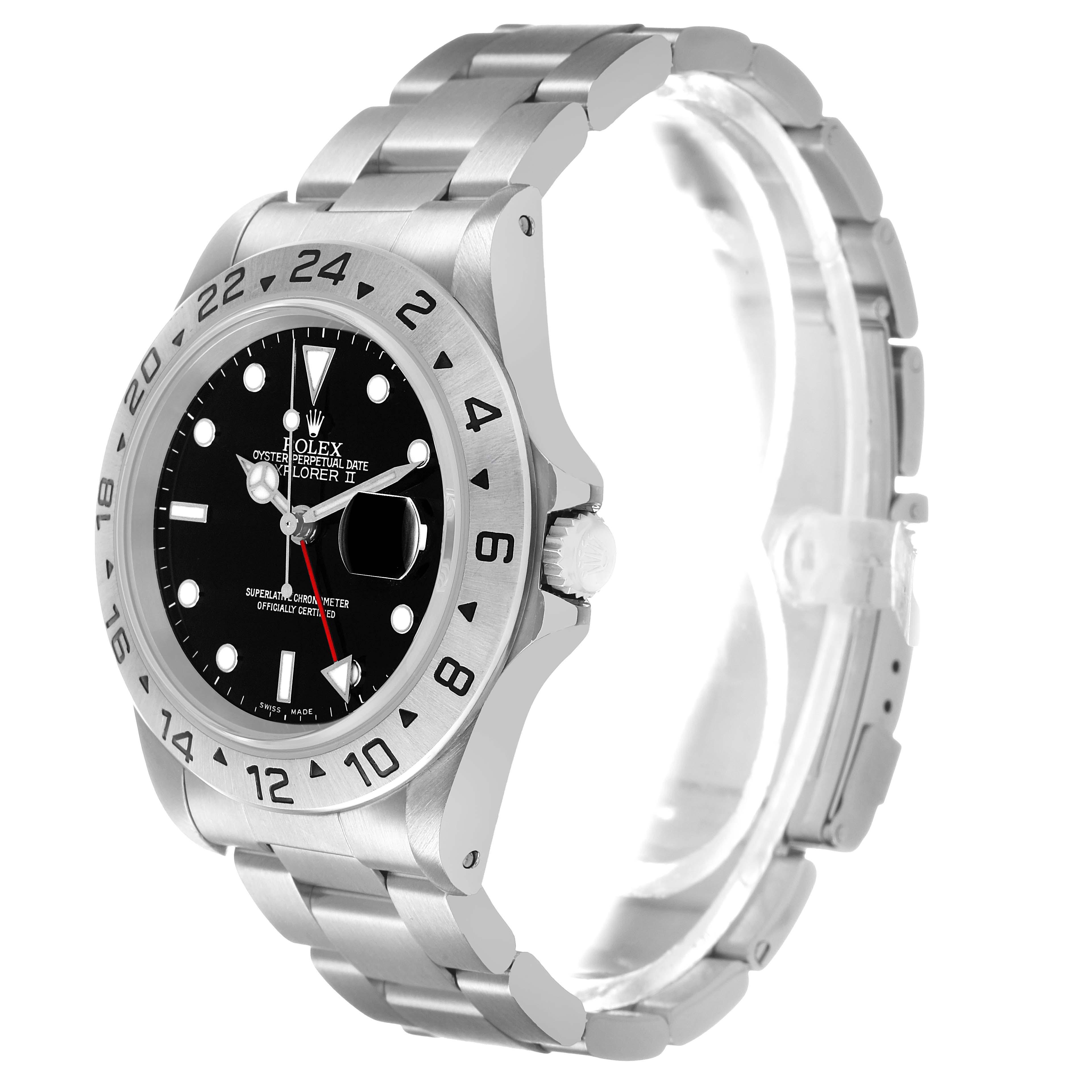 The Rolex Explorer 16570 Men's Stainless Steel Black Dial model is shown at a slight angle, displaying the face, bezel, crown, and bracelet.