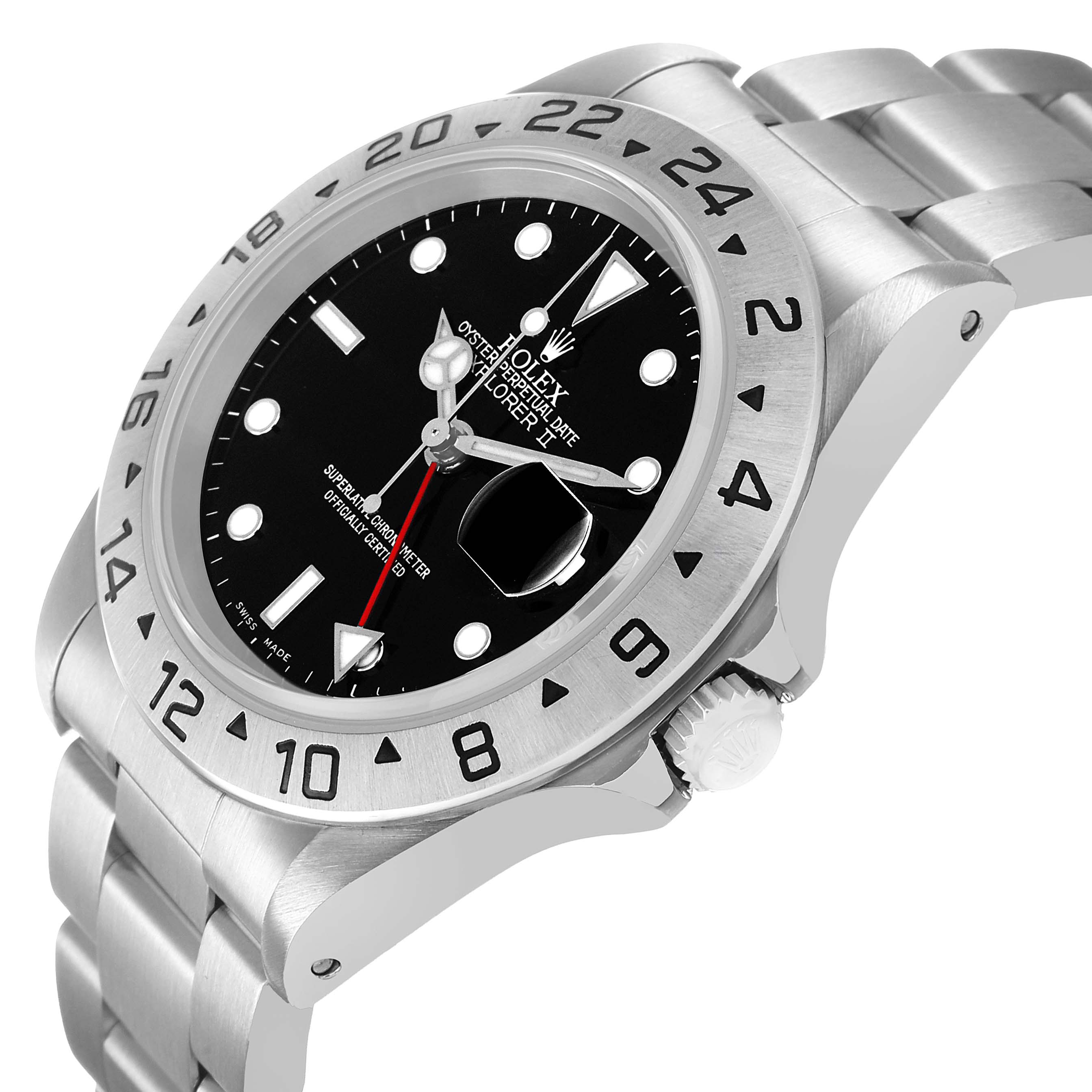 The Rolex Explorer 16570 Men's Stainless Steel Black Dial II watch is shown at an angled side view, featuring its bezel, dial, crown, and part of the bracelet.