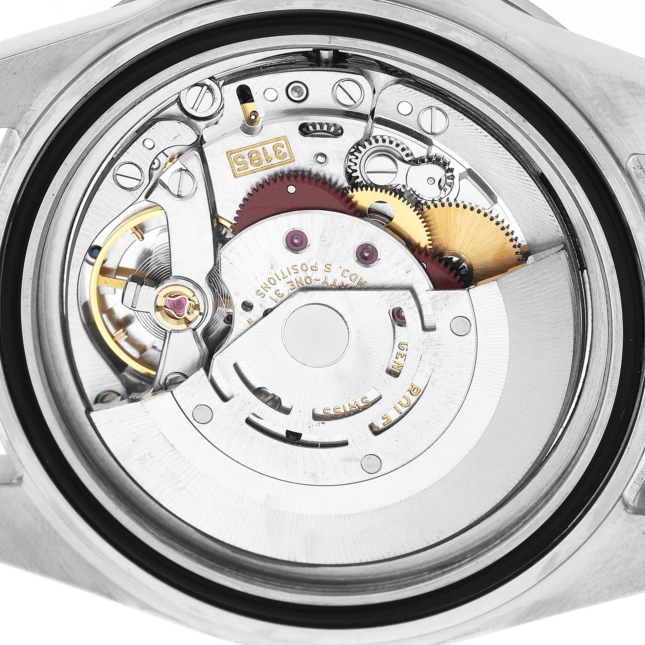 The image shows the movement mechanism of a Rolex Explorer 16570 Men's Stainless Steel Black Dial watch from a top-down angle.