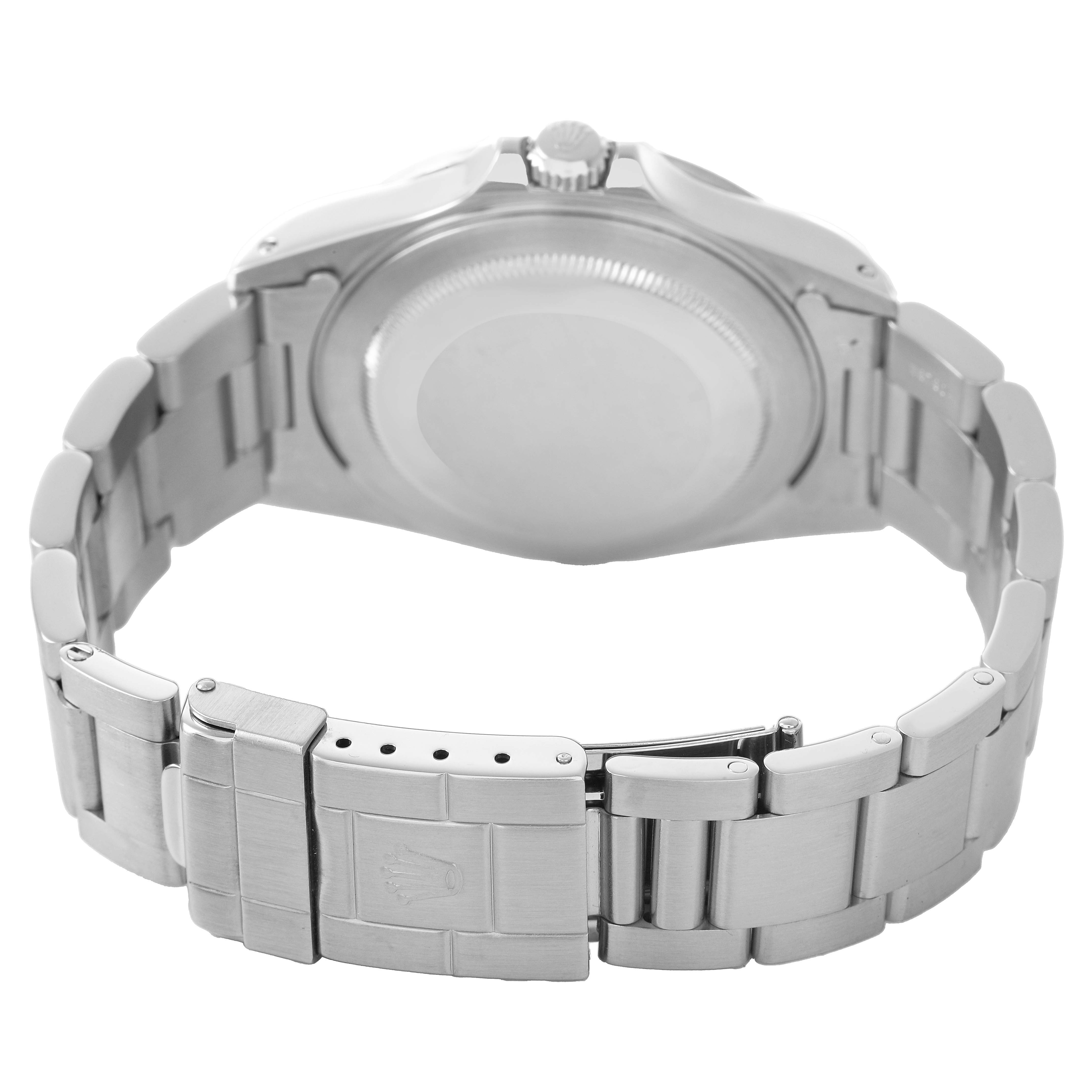 The image shows the back of a Rolex Explorer 16570 Men's Stainless Steel Black Dial watch, highlighting the case back, bracelet, and clasp.