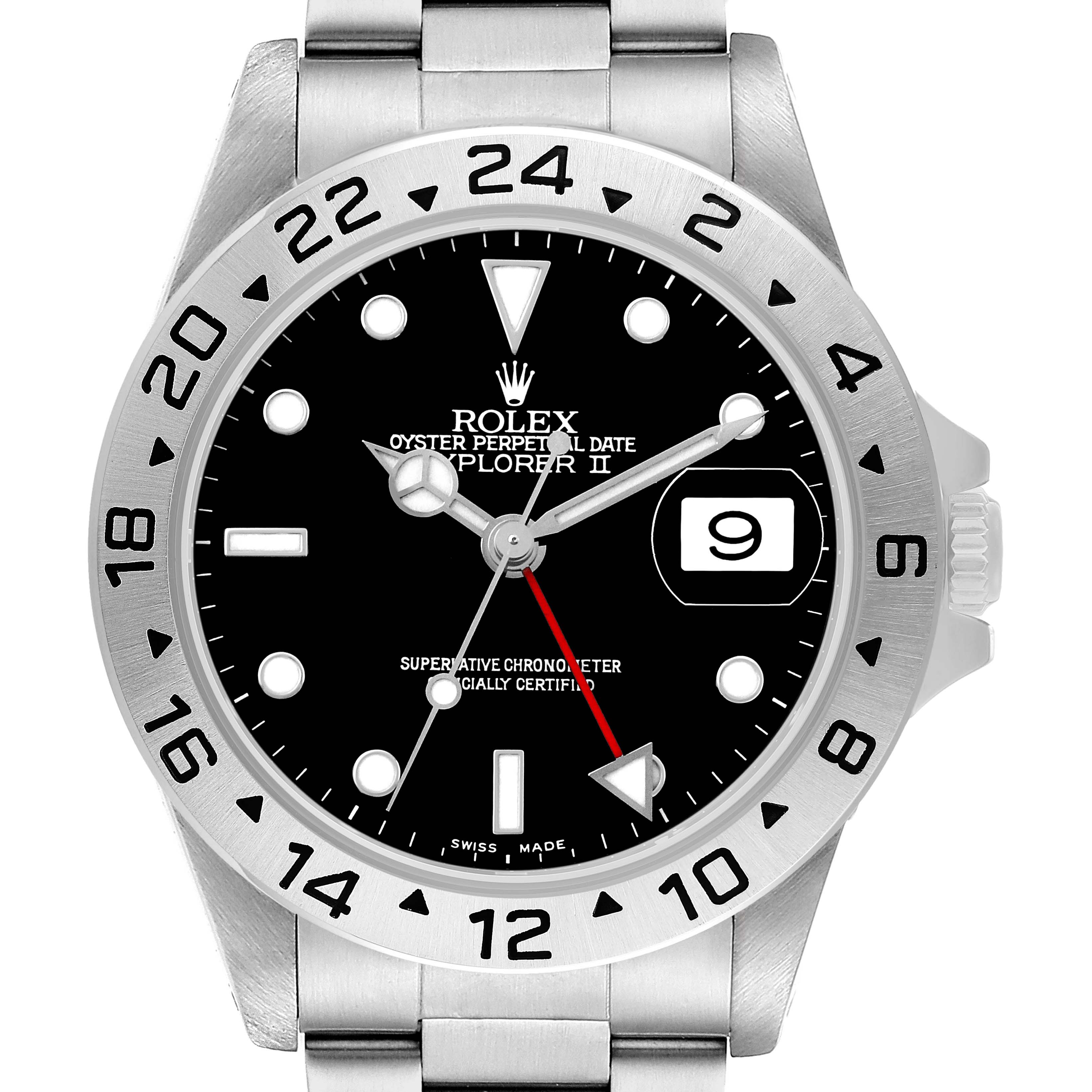 This Rolex Explorer 16570 Men's Stainless Steel Black Dial II watch is shown from a front angle, displaying the dial, bezel, and part of the bracelet.