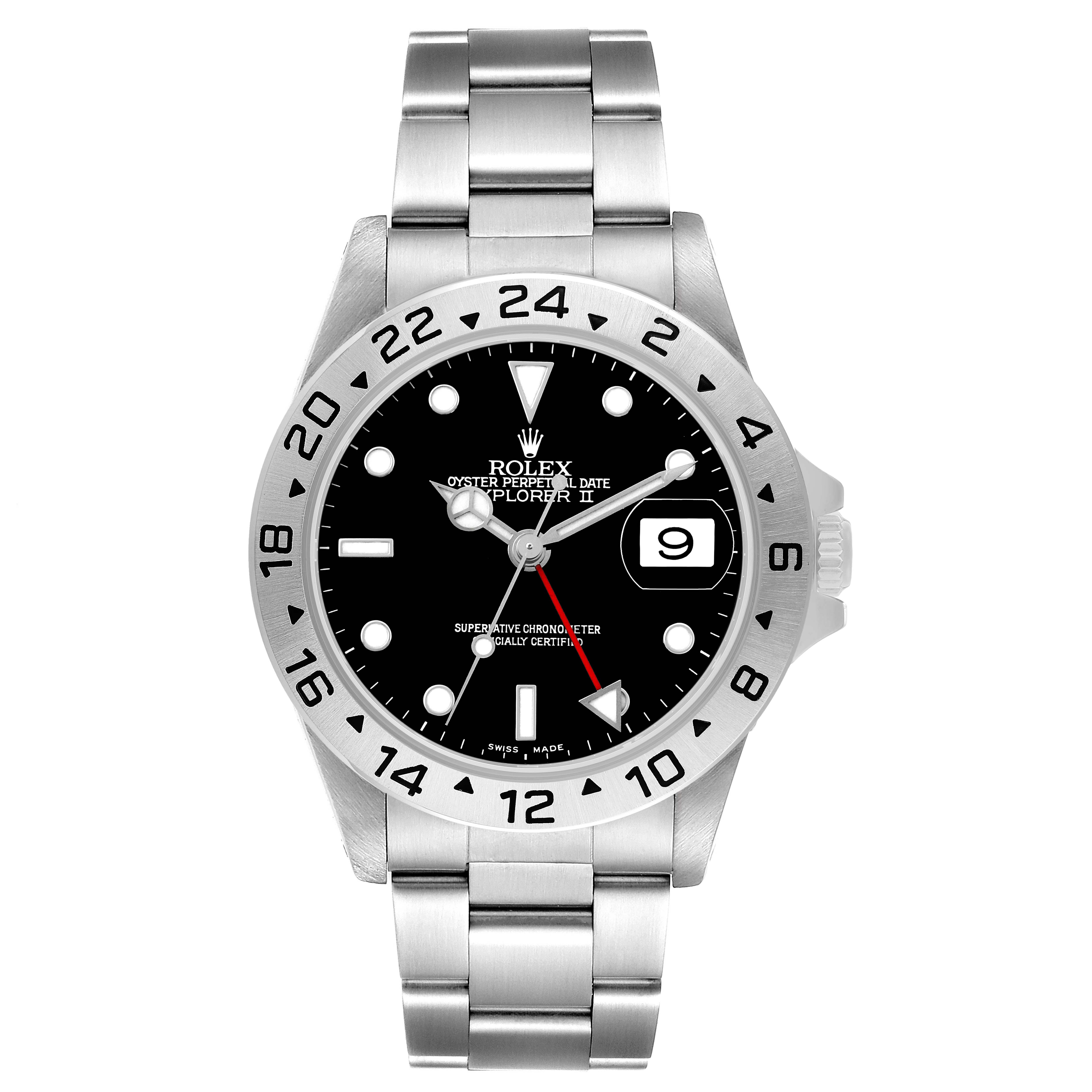 The Rolex Explorer 16570 Men's Stainless Steel Black Dial watch is shown from a front angle, displaying the bezel, dial, hands, date window, and bracelet.