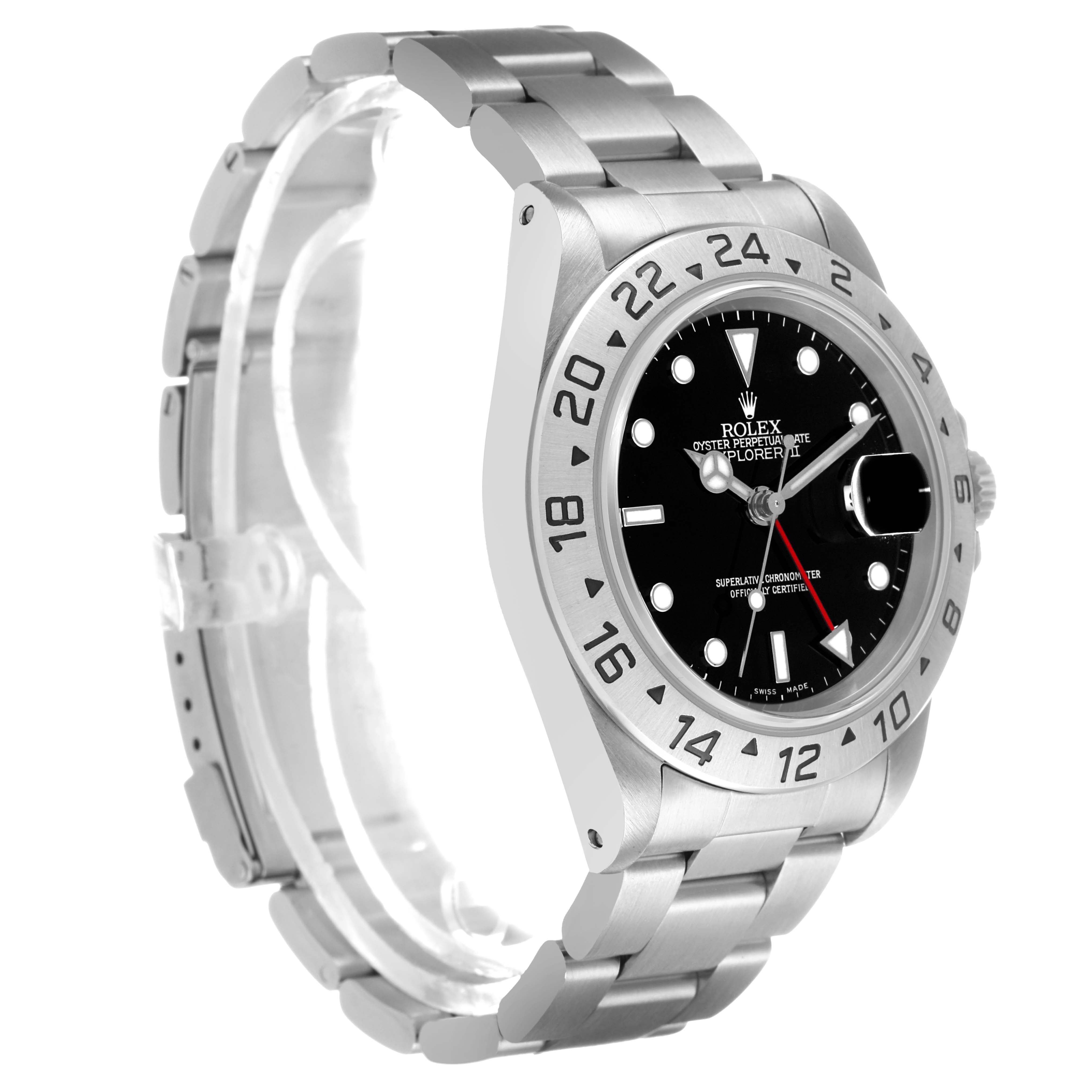 The Rolex Explorer 16570 Men's Stainless Steel Black Dial watch is shown at a three-quarter angle, displaying the bezel, dial, bracelet, and crown.