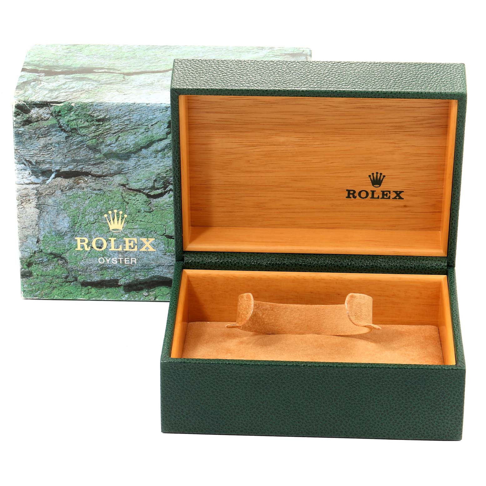 The image shows an open Rolex Explorer 16570 Men
s Stainless Steel White Dial 16570 Men
s Stainless Steel White Dial watch box and its green outer packaging from a front angle.