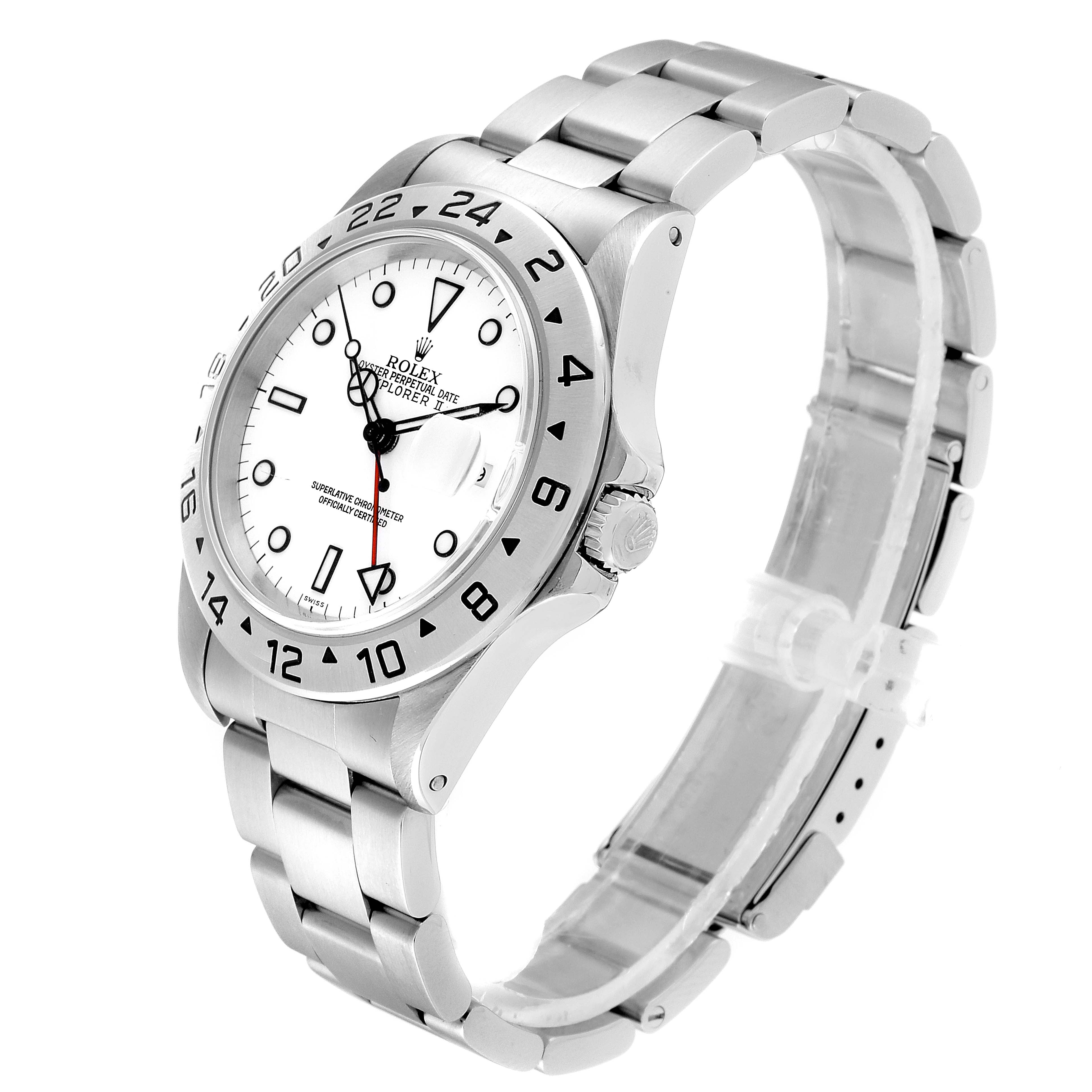 The Rolex Explorer 16570 Men
s Stainless Steel White Dial 16570 Men
s Stainless Steel White Dial watch is shown at an angled side view, displaying the dial, bezel, crown, and bracelet.