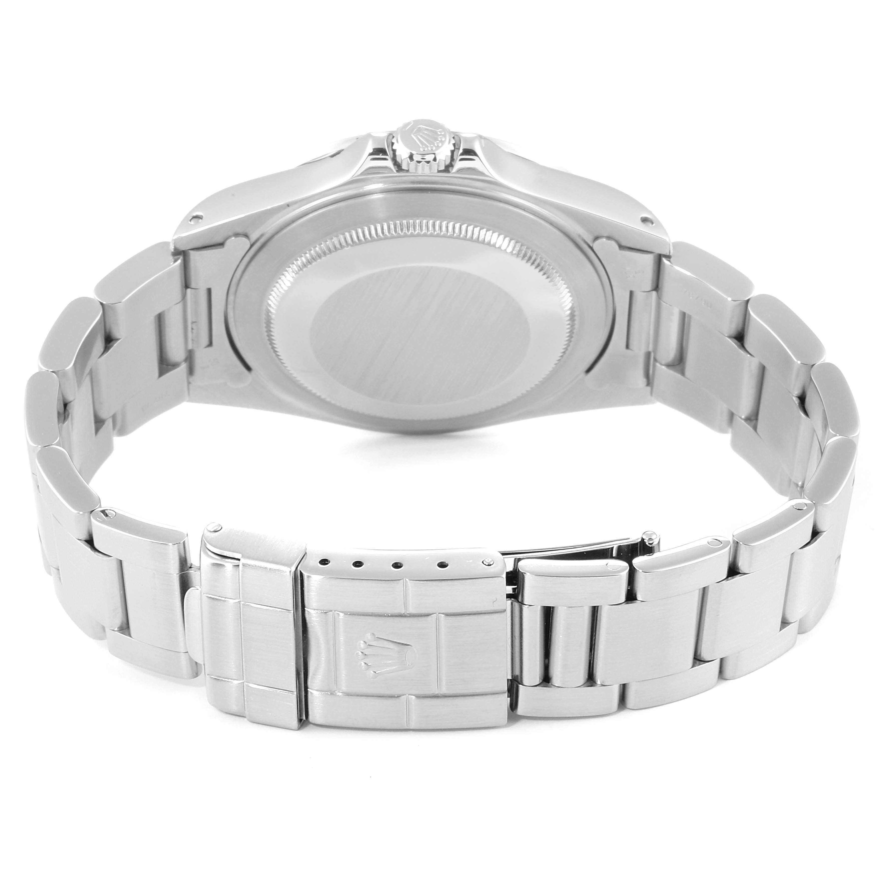 This image shows the back case and bracelet clasp of the Rolex Explorer 16570 Men
s Stainless Steel White Dial 16570 Men
s Stainless Steel White Dial model watch.