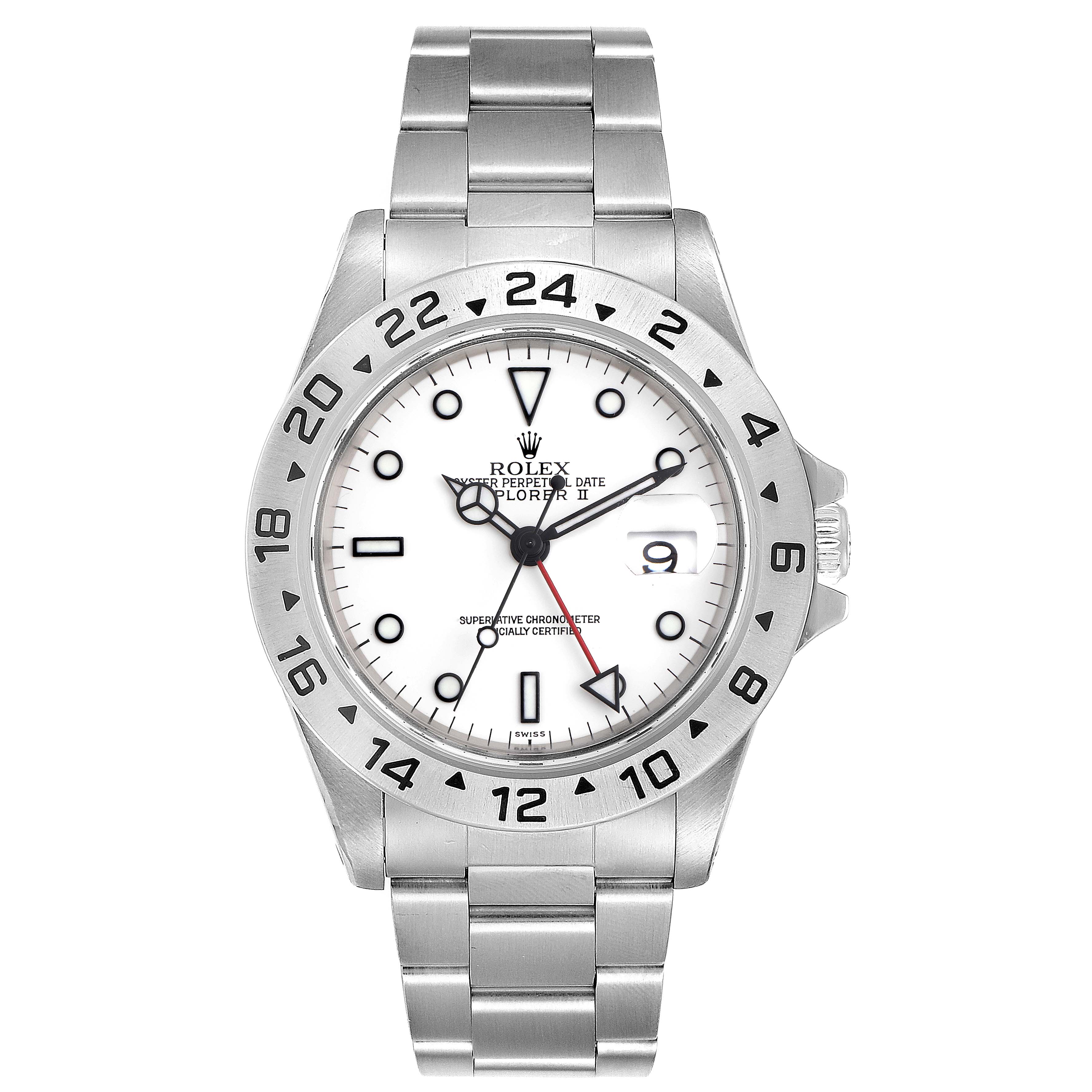 The image shows a front view of a Rolex Explorer 16570 Men
s Stainless Steel White Dial 16570 Men
s Stainless Steel White Dial watch, displaying the face, bezel, and bracelet.