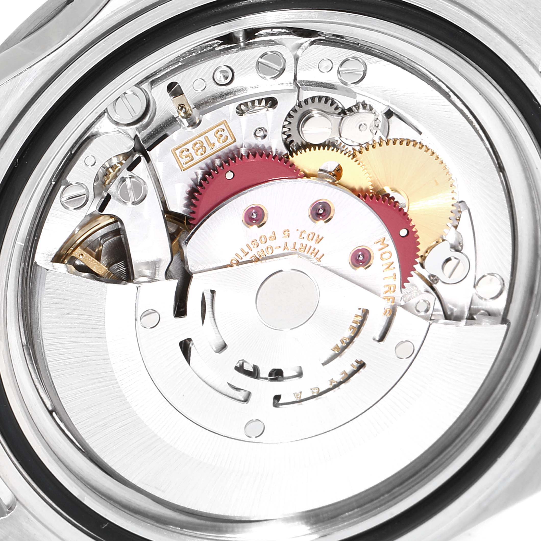 This image shows the inner mechanical workings of a Rolex Explorer 16570 Men
s Stainless Steel White Dial 16570 Men
s Stainless Steel White Dial watch from a back view, highlighting its gears and movement parts.