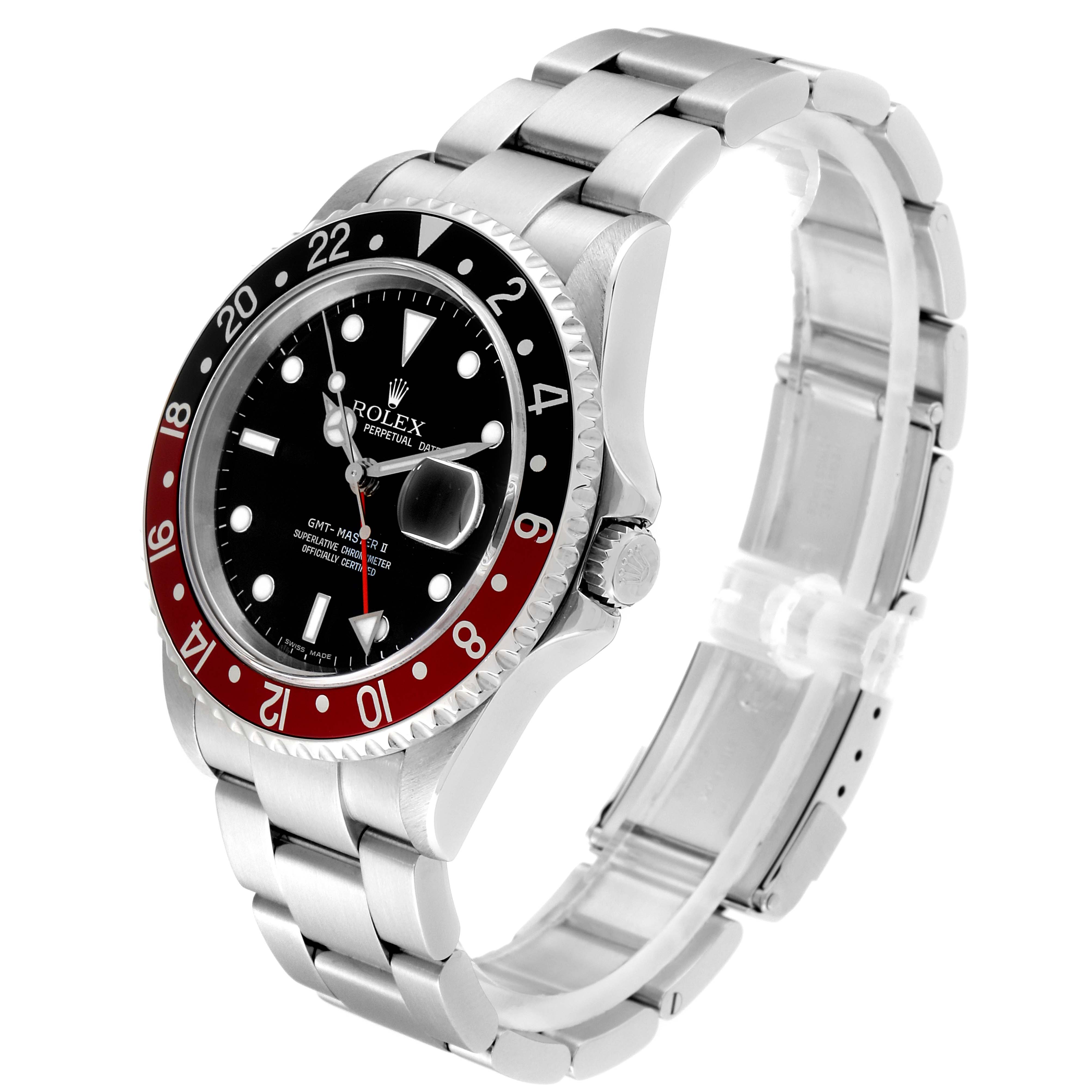 The image shows a side and angled view of a Rolex GMT-Master 16710 Men's Stainless Steel Black Dial 16710 Men's Stainless Steel Black Dial II watch, focusing on the bezel, dial, and bracelet.