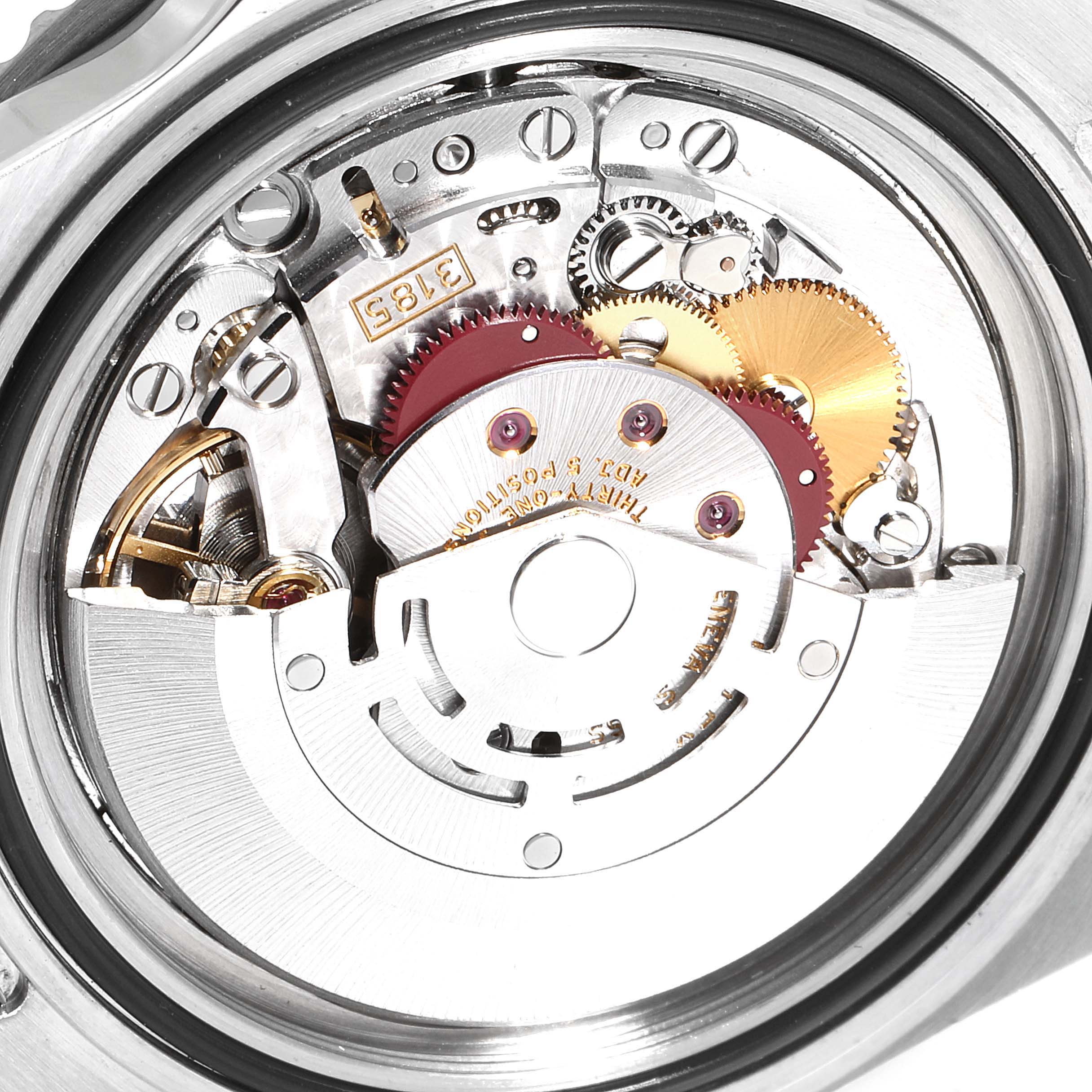 This image shows the open case back with the movement and gears of the Rolex GMT-Master 16710 Men's Stainless Steel Black Dial 16710 Men's Stainless Steel Black Dial watch.