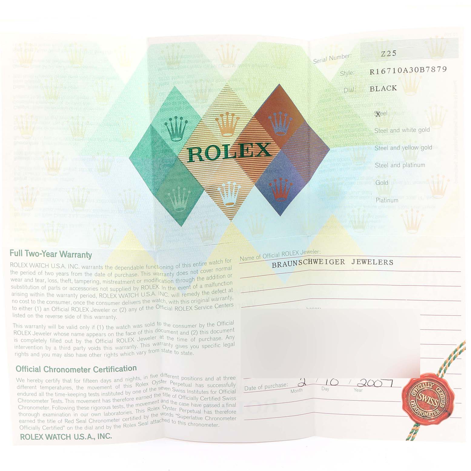 This image shows the warranty certificate for a Rolex GMT-Master 16710 Men's Stainless Steel Black Dial 16710 Men's Stainless Steel Black Dial watch, including details such as the serial number, style, and date of purchase.