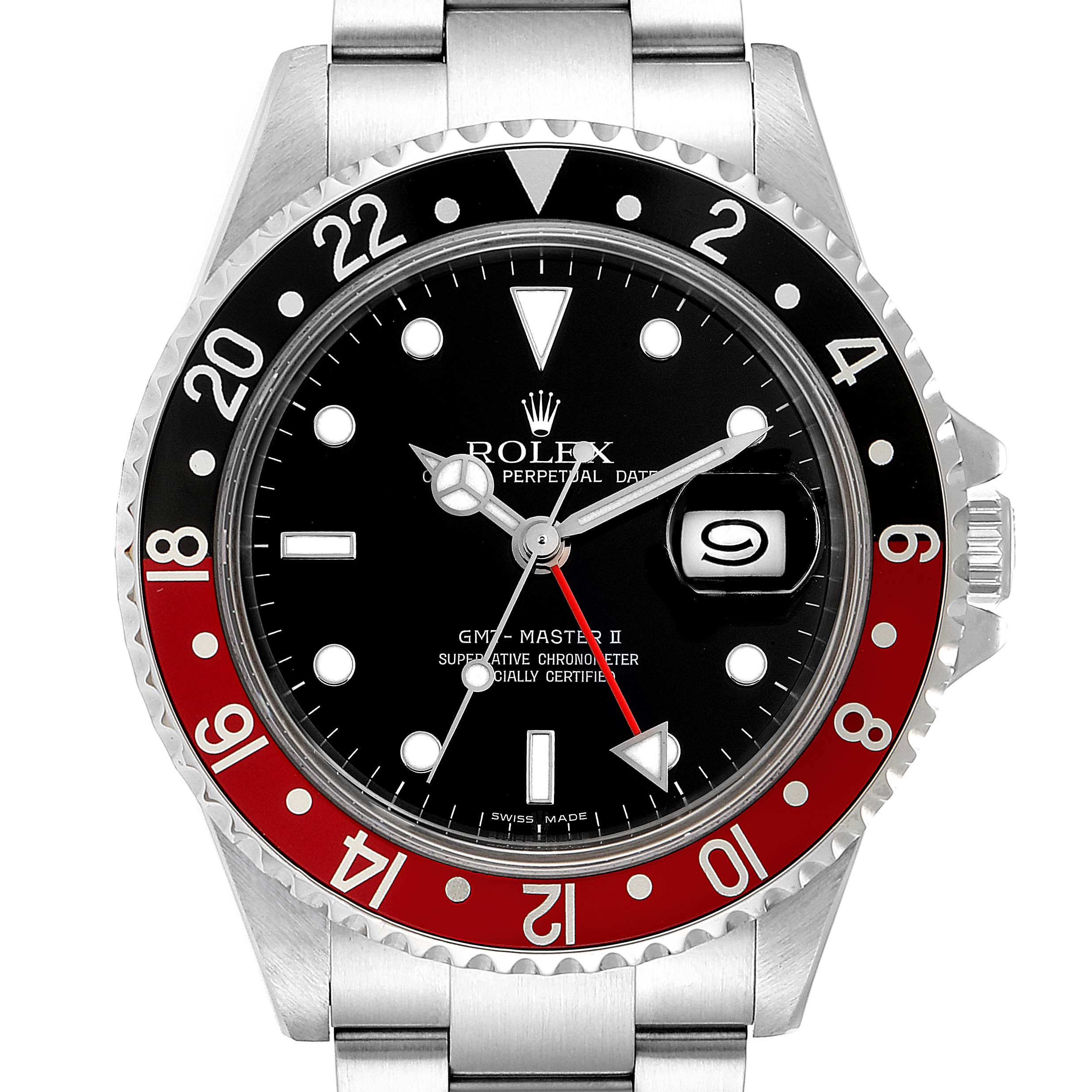 The image shows a front view of a Rolex GMT-Master 16710 Men's Stainless Steel Black Dial 16710 Men's Stainless Steel Black Dial II watch, highlighting the dial, bezel, and bracelet.