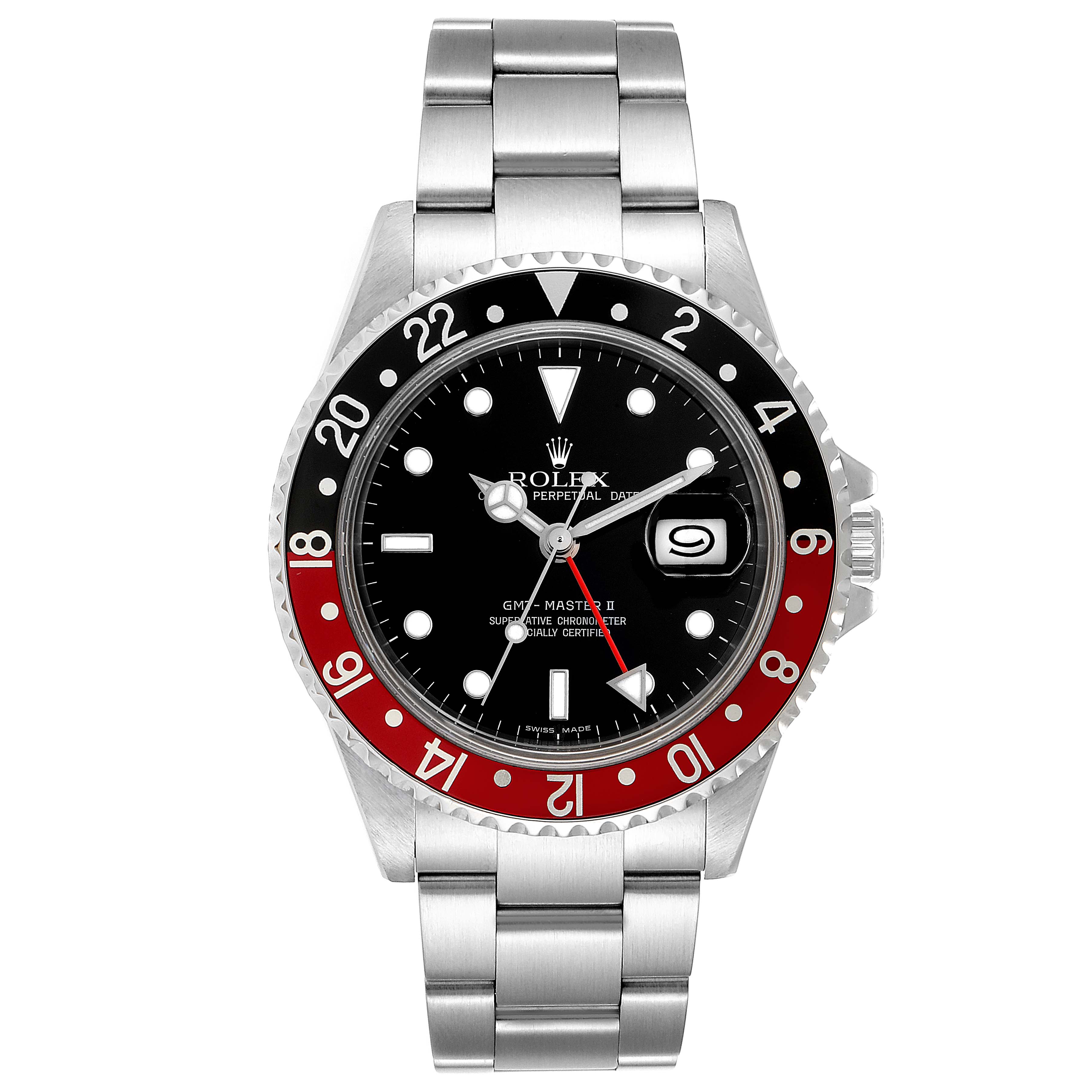 The image shows a front view of a Rolex GMT-Master 16710 Men's Stainless Steel Black Dial 16710 Men's Stainless Steel Black Dial watch, displaying its face, bezel, crown, and bracelet.