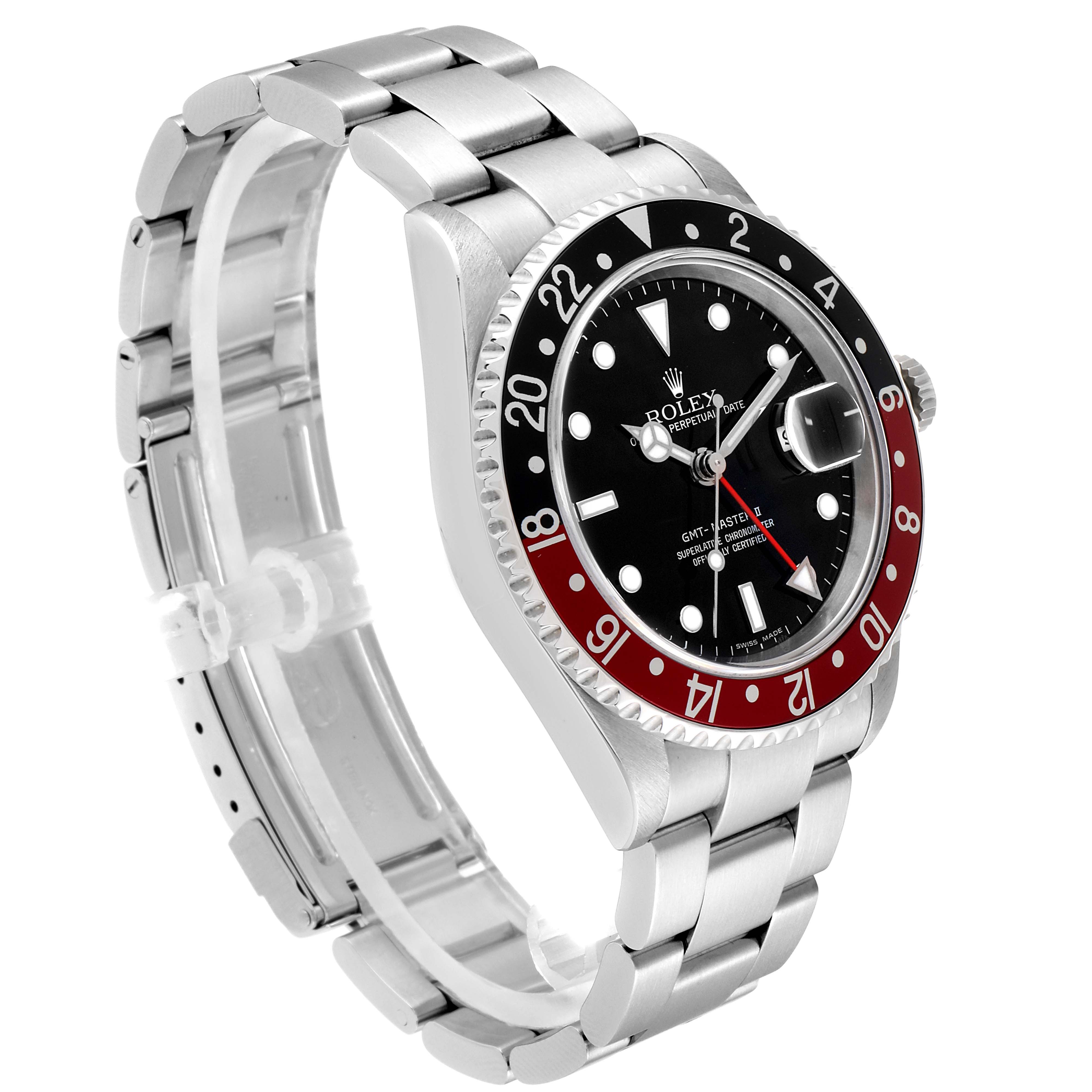 This image shows a side angle of a Rolex GMT-Master 16710 Men's Stainless Steel Black Dial 16710 Men's Stainless Steel Black Dial watch, highlighting the bezel, dial, crown, and bracelet.