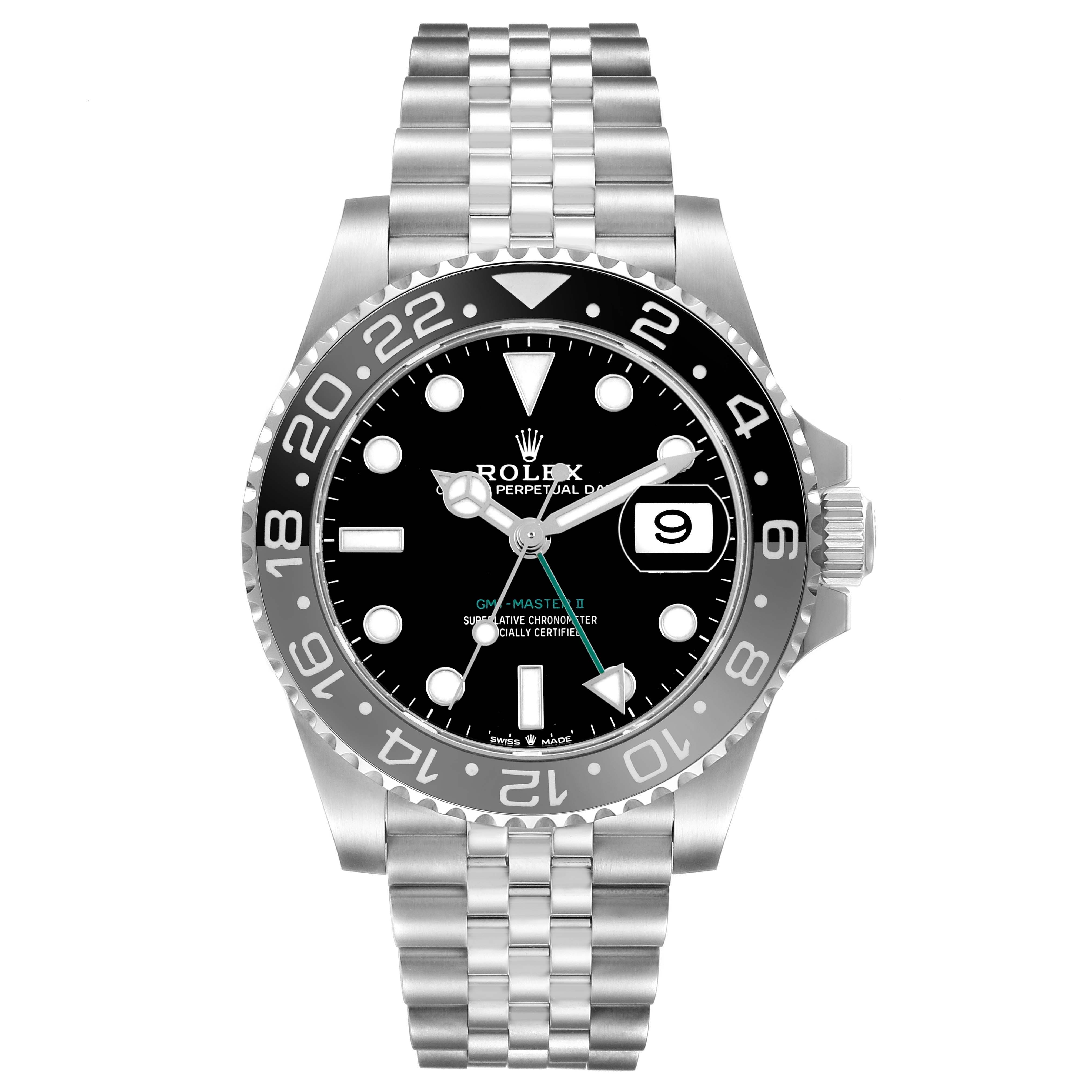 The Rolex GMT-Master 126710GRNR Men's Stainless Steel Black Dial watch is shown from a front angle, revealing the dial, bezel, and jubilee bracelet.