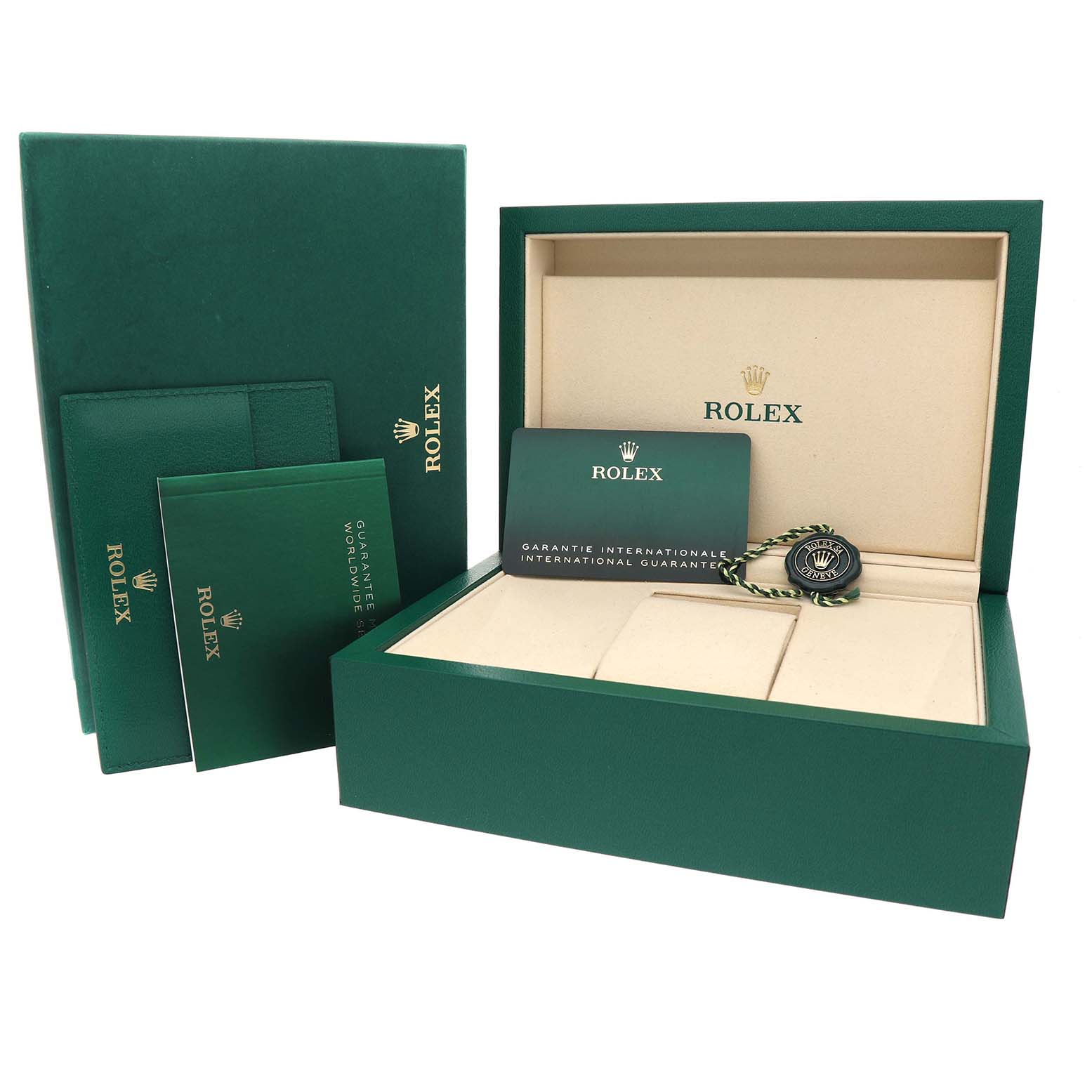 The image shows the packaging for a Rolex GMT-Master 126710GRNR Men's Stainless Steel Black Dial, including the green box, warranty card, and tag.
