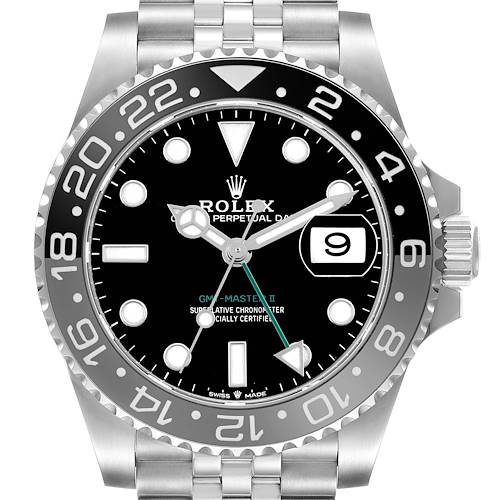 The Rolex GMT-Master 126710GRNR Men's Stainless Steel Black Dial II watch is shown from the front, highlighting its face, bezel, and part of the bracelet.