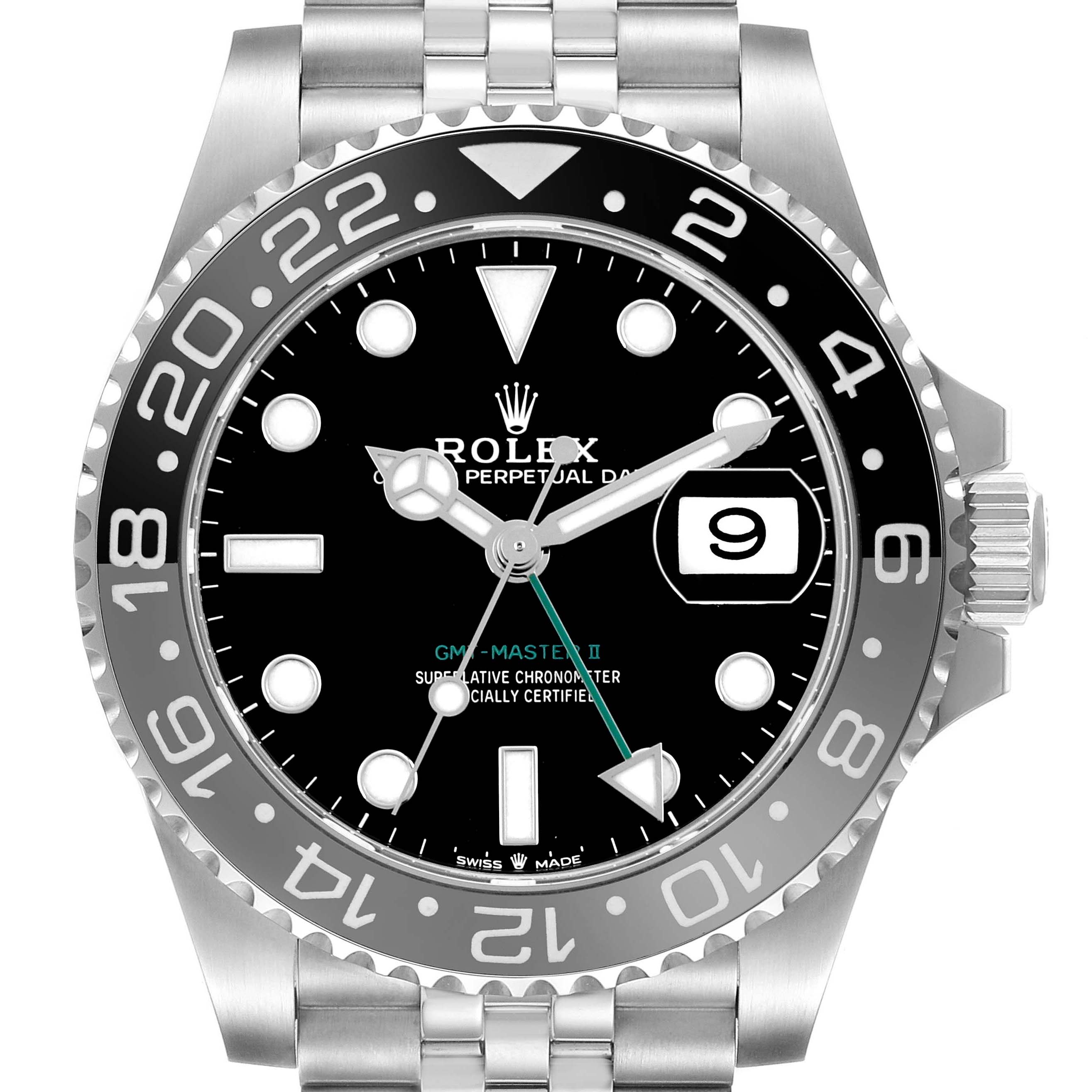The image shows a frontal view of a Rolex GMT-Master 126710GRNR Men's Stainless Steel Black Dial II watch, displaying the bezel, dial, date, and bracelet.