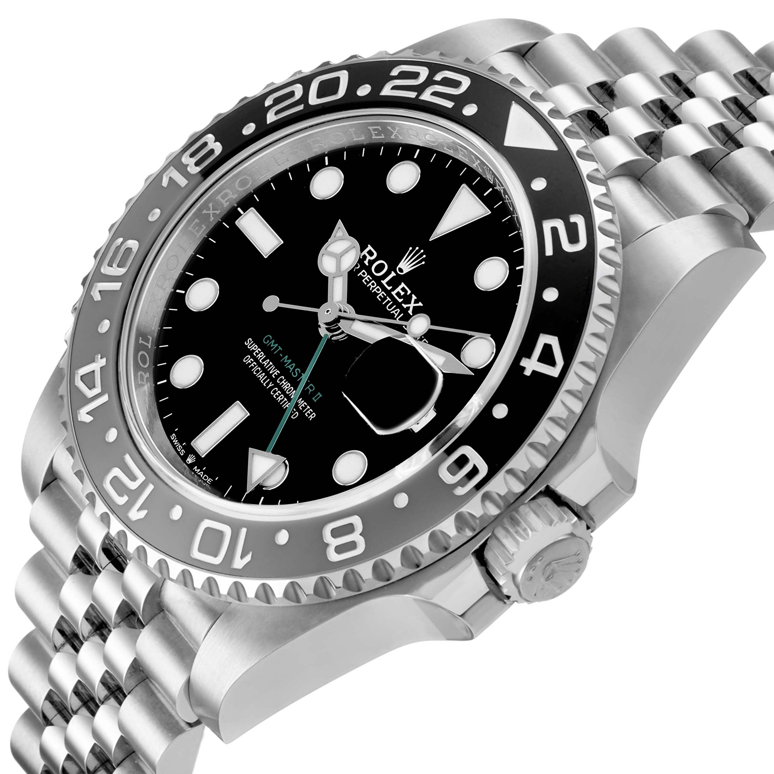 The image shows a side angle of the Rolex GMT-Master 126710GRNR Men's Stainless Steel Black Dial watch, highlighting its bezel, dial, and crown with a Jubilee bracelet.