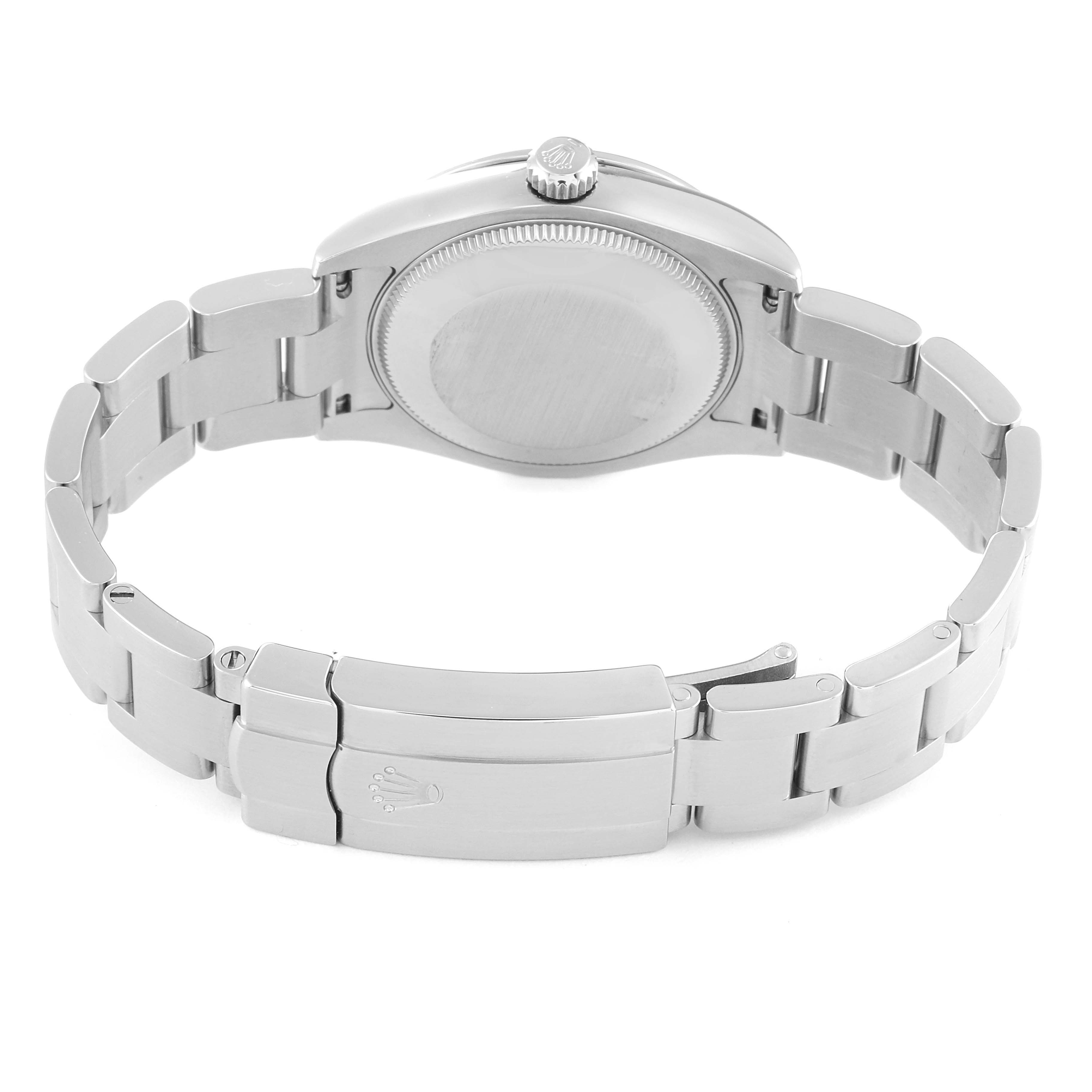 This image shows the back view of the Rolex Mid-Size 177200 Women
s Stainless Steel Black Dial 177200 Women
s Stainless Steel Black Dial model watch, focusing on the closed clasp and bracelet.