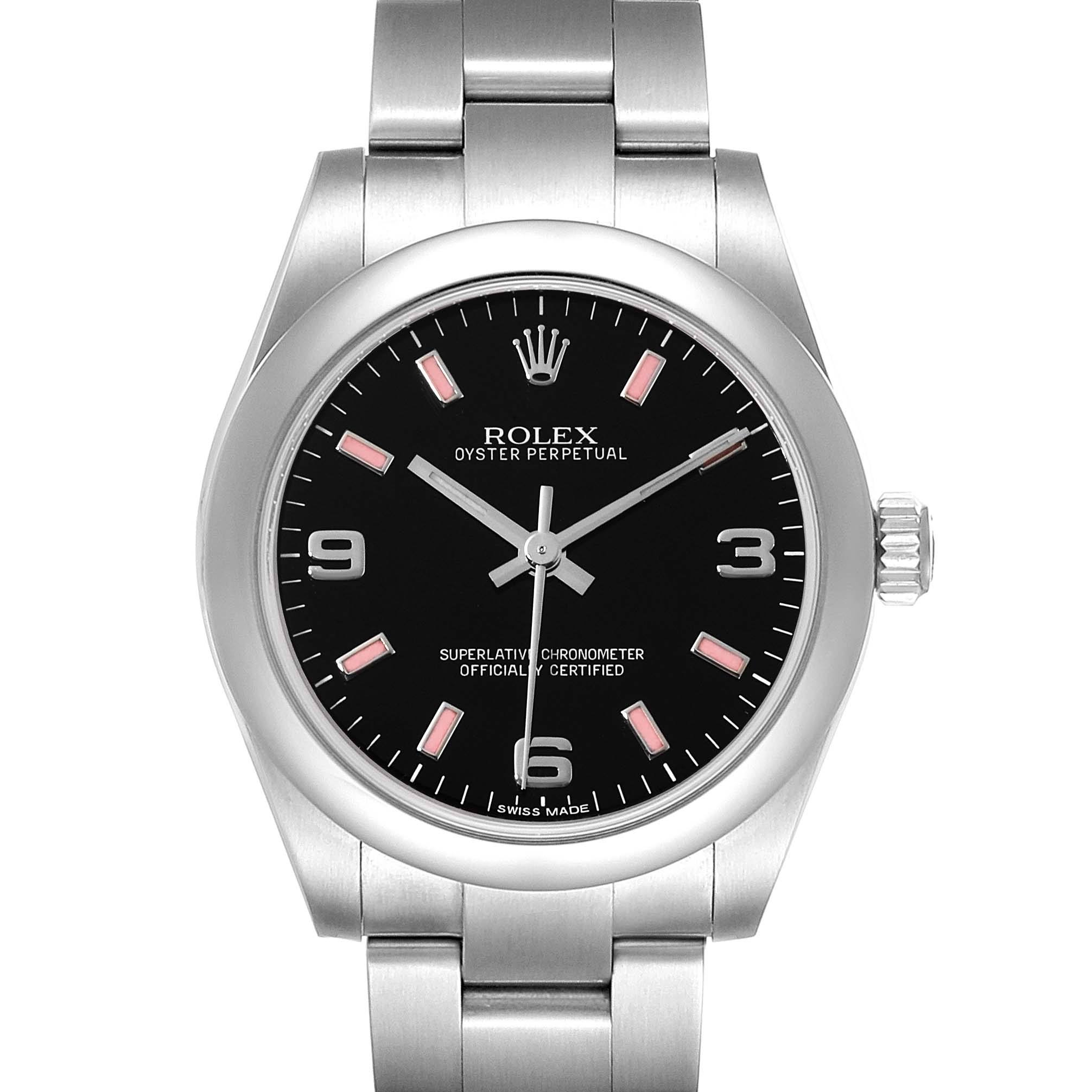 The image shows a Rolex Oyster Perpetual Mid-Size watch from a front view, highlighting the face, bezel, and bracelet.