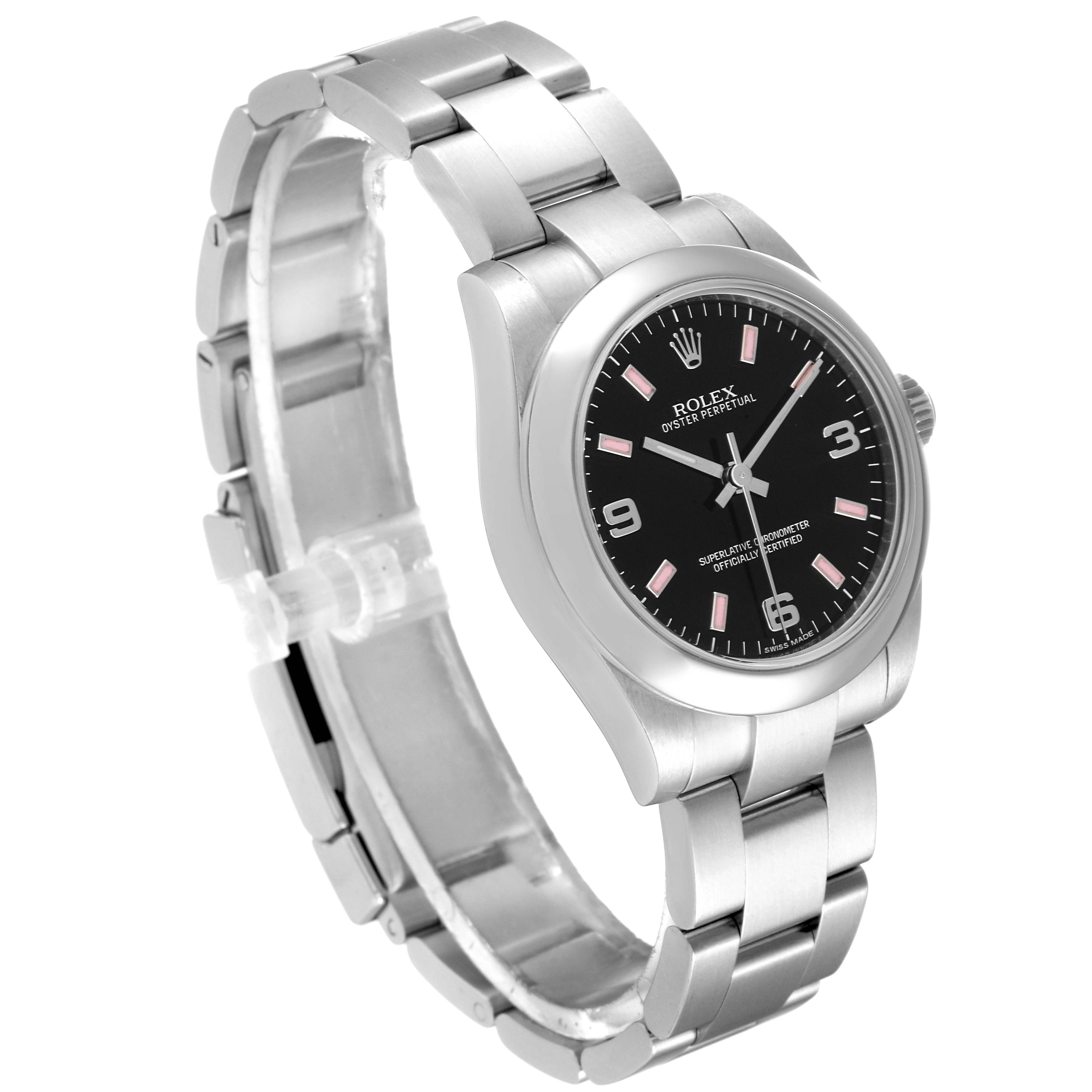 This image shows a Rolex Mid-Size 177200 Women
s Stainless Steel Black Dial 177200 Women
s Stainless Steel Black Dial model watch at an angle, highlighting its black dial, silver case, and bracelet.