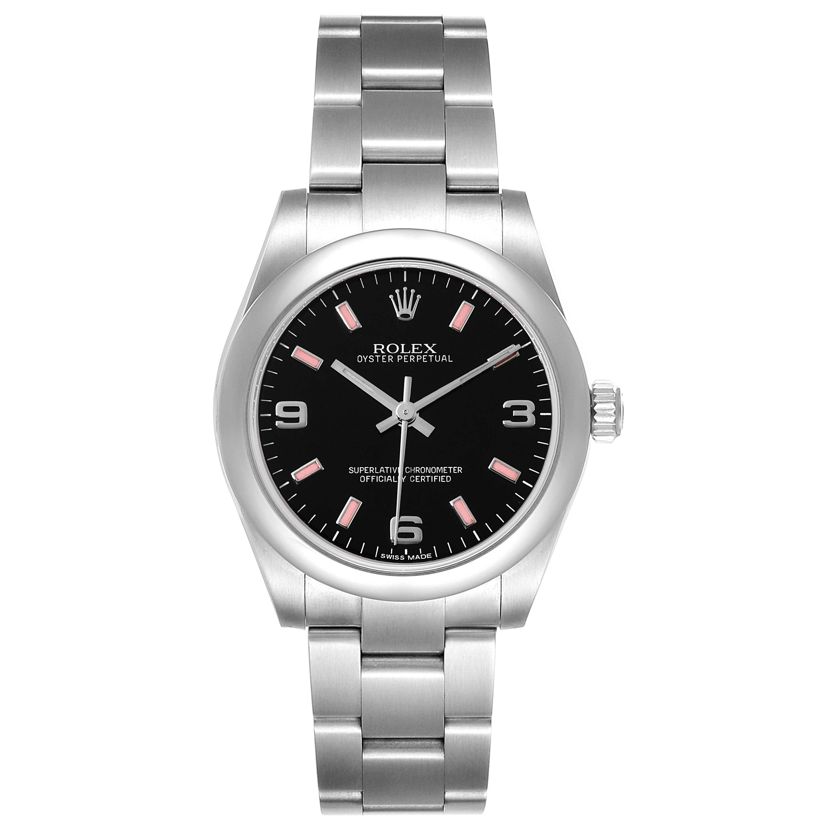 The image shows a front view of a Rolex Mid-Size 177200 Women
s Stainless Steel Black Dial 177200 Women
s Stainless Steel Black Dial Oyster Perpetual watch, featuring its black dial, stainless steel case, and bracelet.
