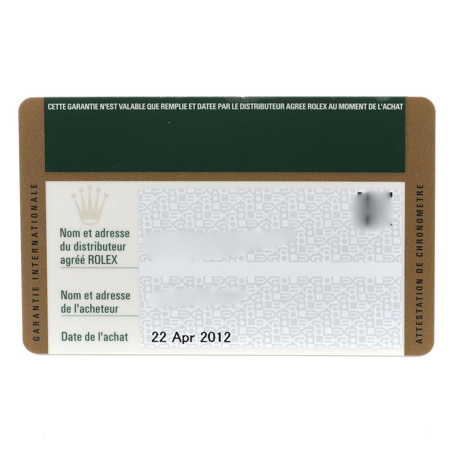The image shows a Rolex guarantee card for a Mid-Size model, dated 22 April 2012.