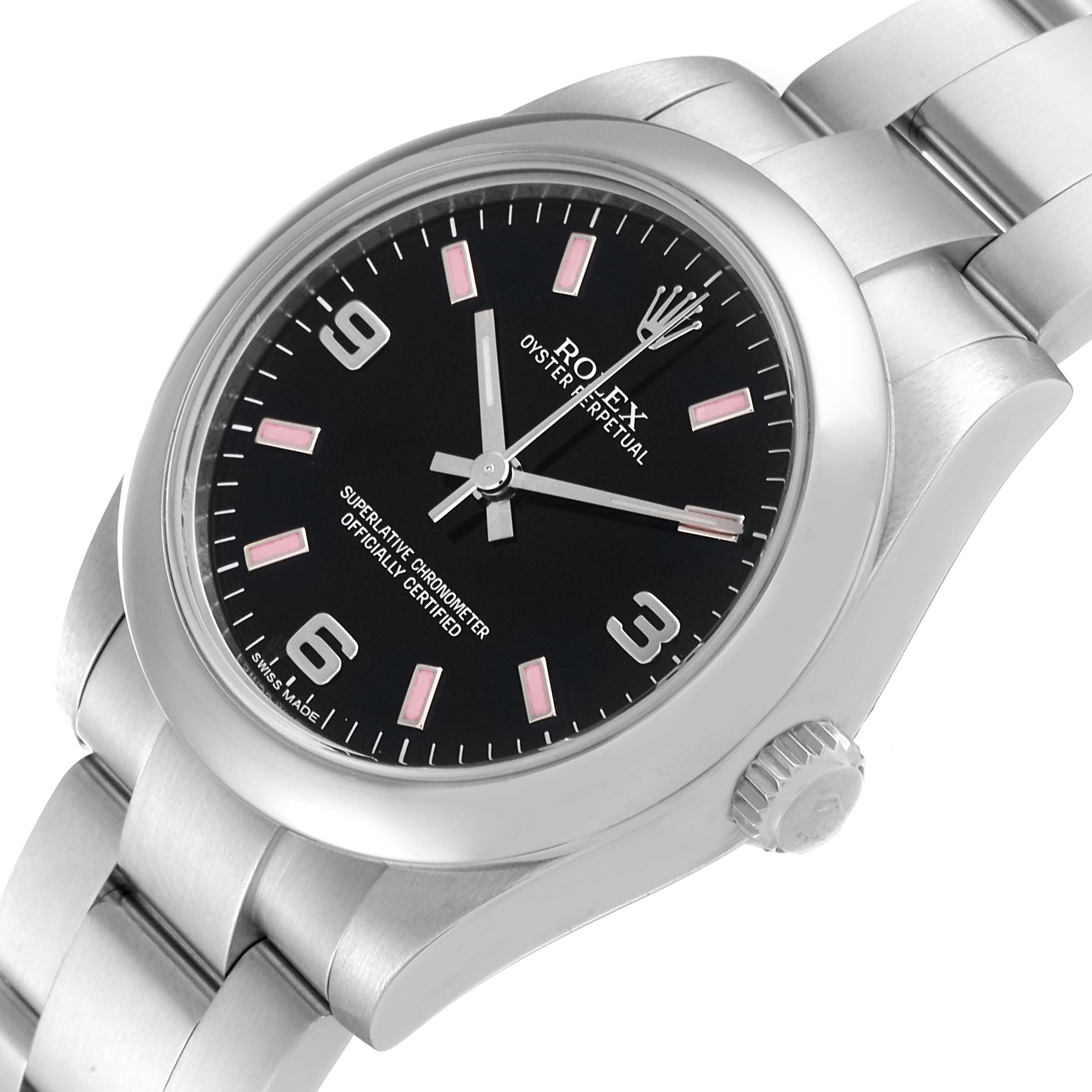 This image shows a close-up angle of the Rolex Mid-Size 177200 Women
s Stainless Steel Black Dial 177200 Women
s Stainless Steel Black Dial model, highlighting the dial, bezel, crown, and part of the bracelet.