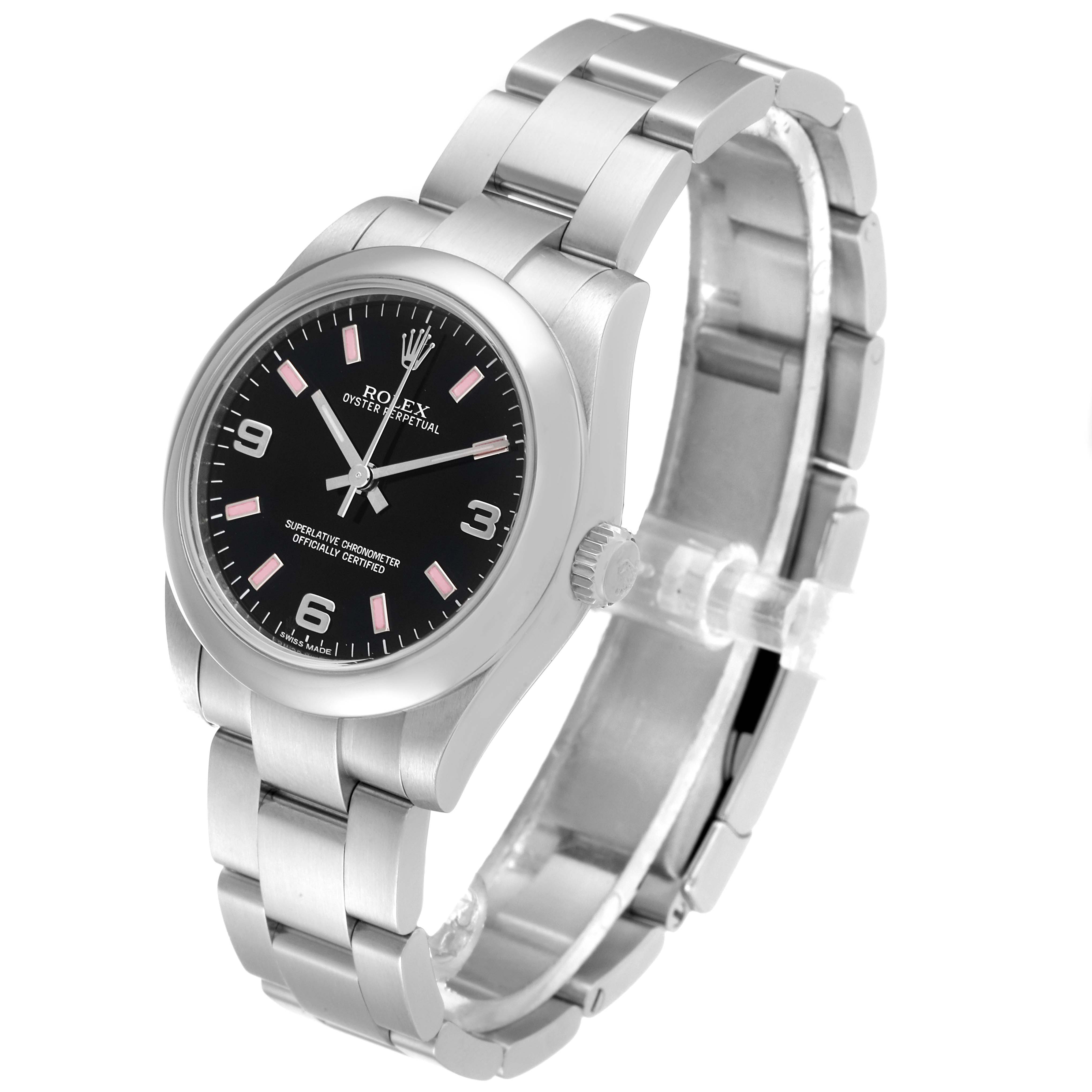 The Rolex Mid-Size 177200 Women
s Stainless Steel Black Dial 177200 Women
s Stainless Steel Black Dial watch is shown at a right-angle view, highlighting the black dial, markers, crown, and stainless-steel bracelet.