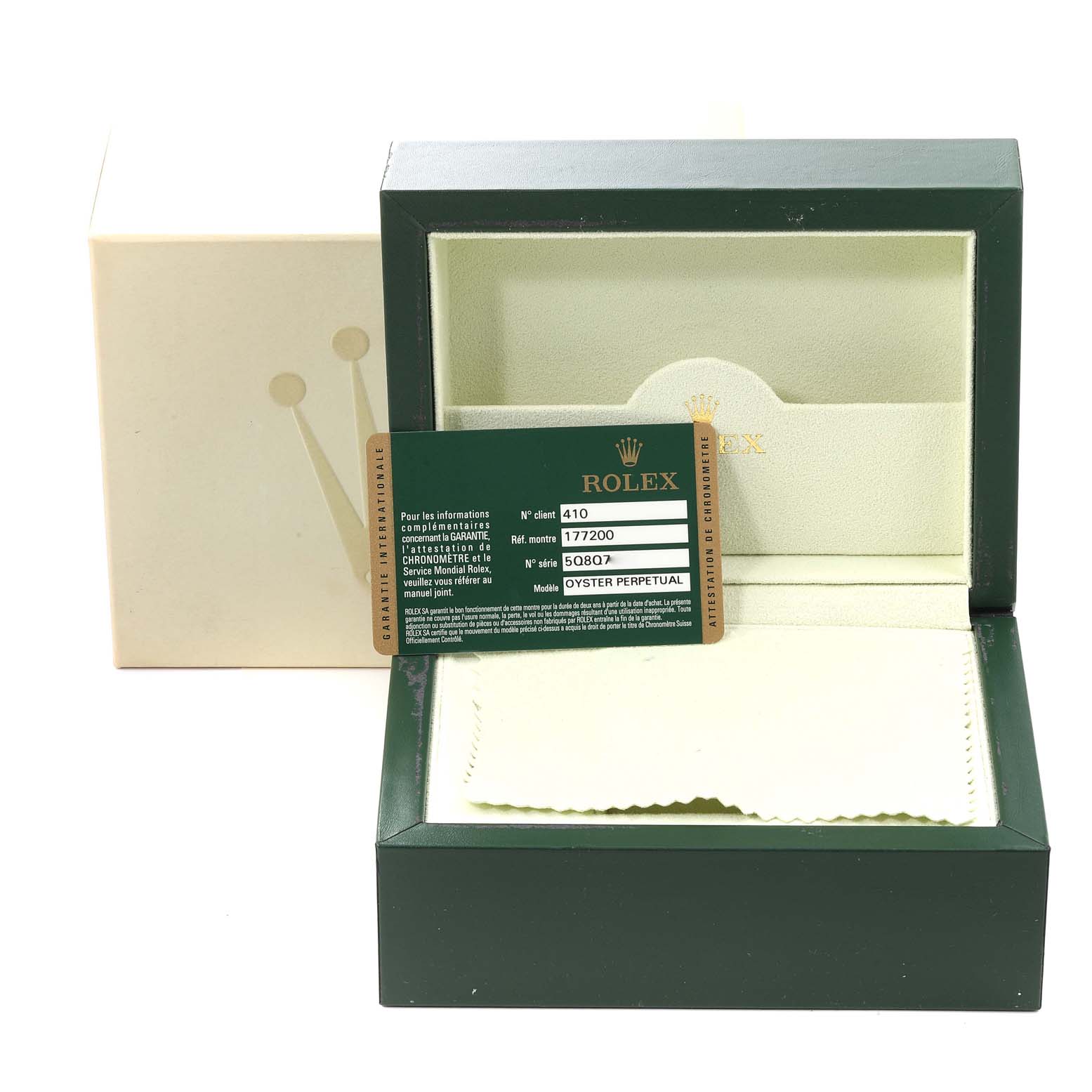 The image shows a Rolex Mid-Size 177200 Women
s Stainless Steel Black Dial 177200 Women
s Stainless Steel Black Dial model watch box, open, displaying an Oyster Perpetual model card.