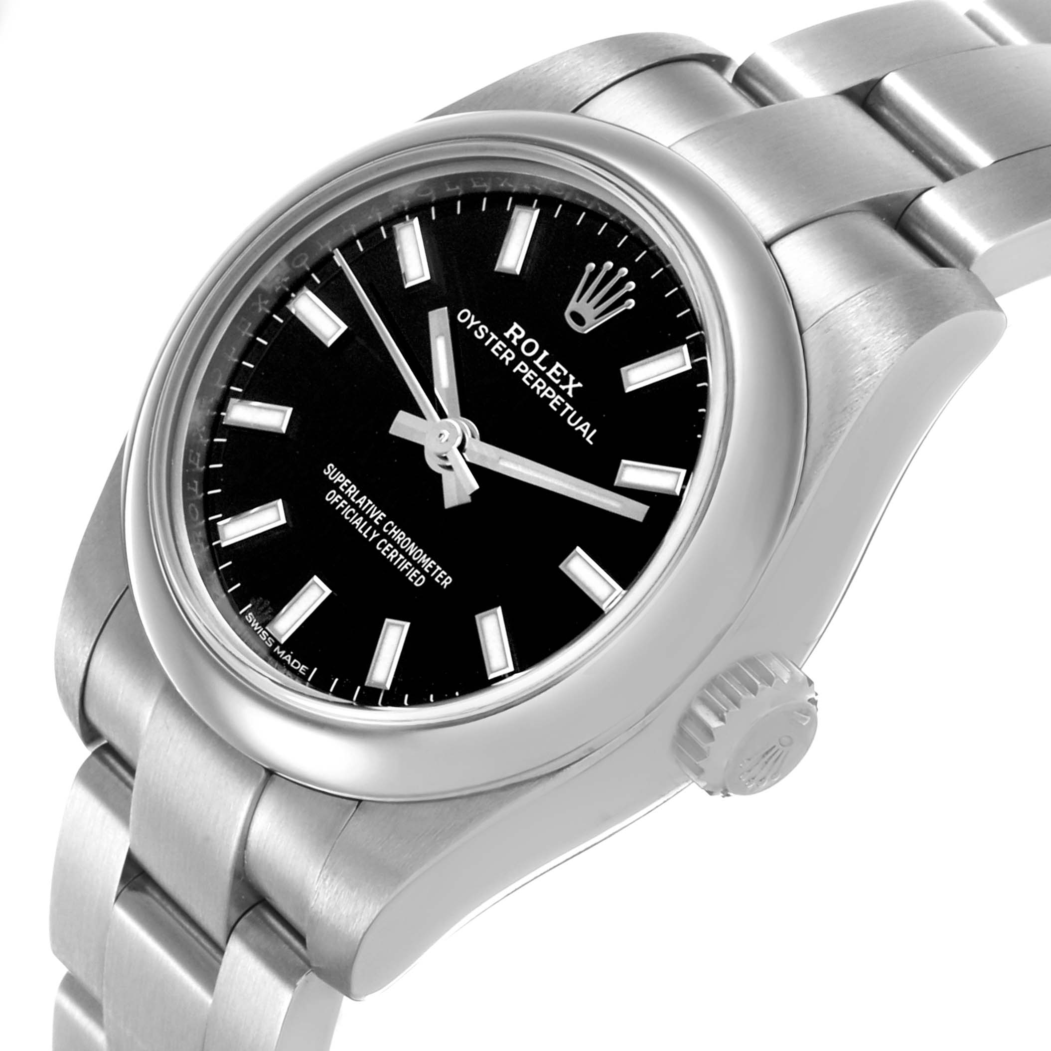 The Rolex Oyster Perpetual 176200 Women's Stainless Steel Black Dial watch is shown at a three-quarter angle, highlighting the dial, case, bezel, crown, and bracelet.