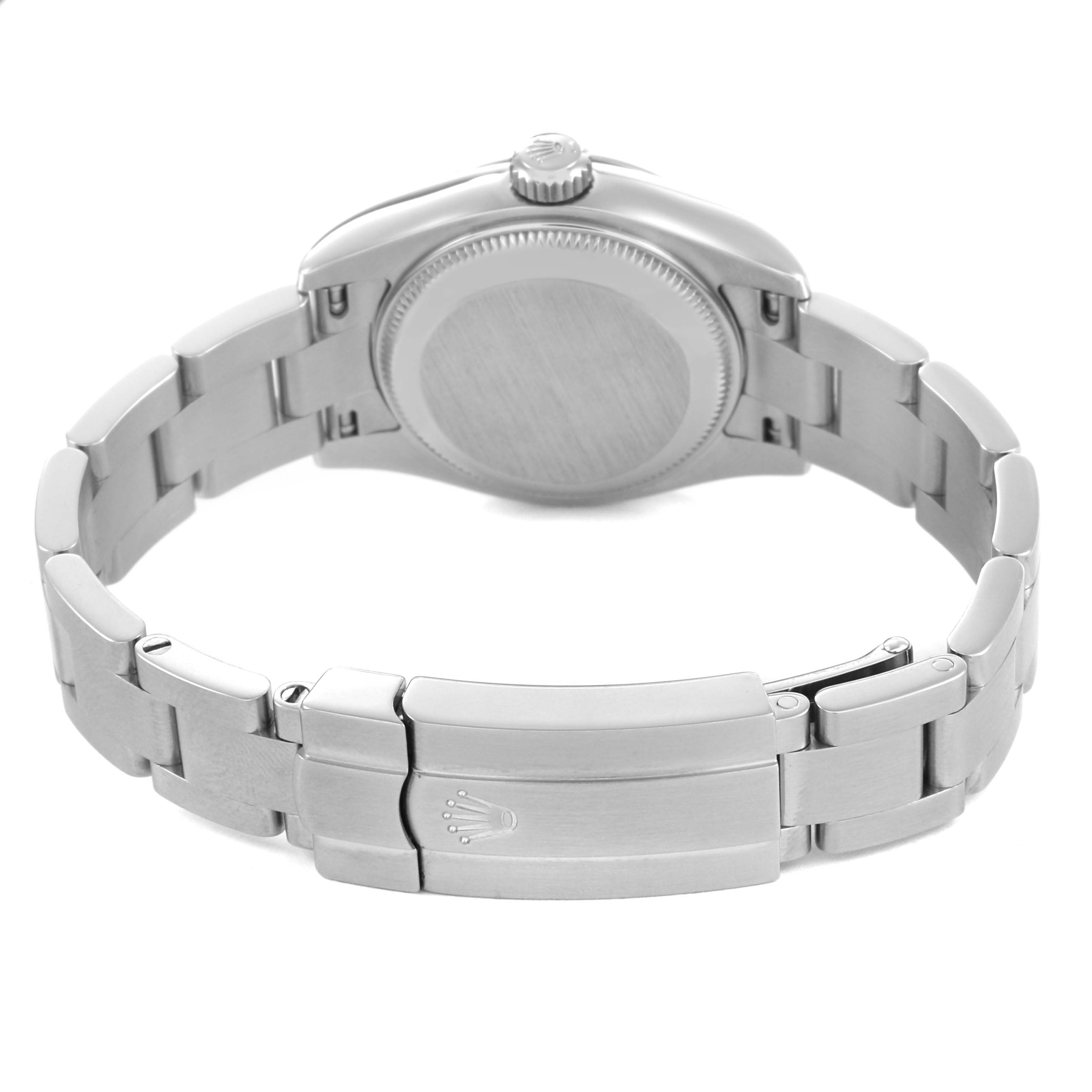 The Rolex Oyster Perpetual 176200 Women's Stainless Steel Black Dial watch is shown from the back, highlighting the closed clasp and metal bracelet.