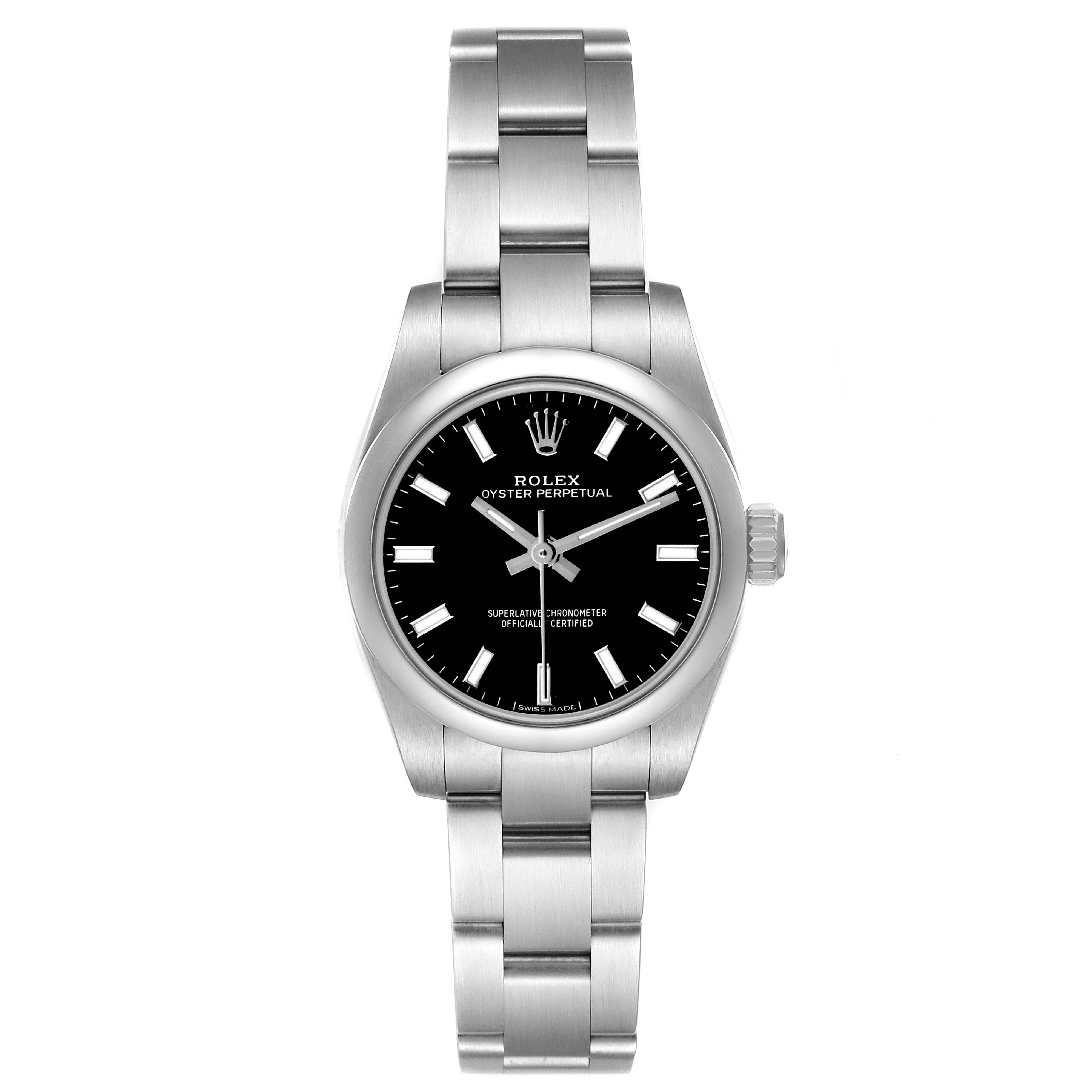 The Rolex Oyster Perpetual 176200 Women's Stainless Steel Black Dial watch is shown from a top-down angle, highlighting the dial, bezel, crown, and bracelet.