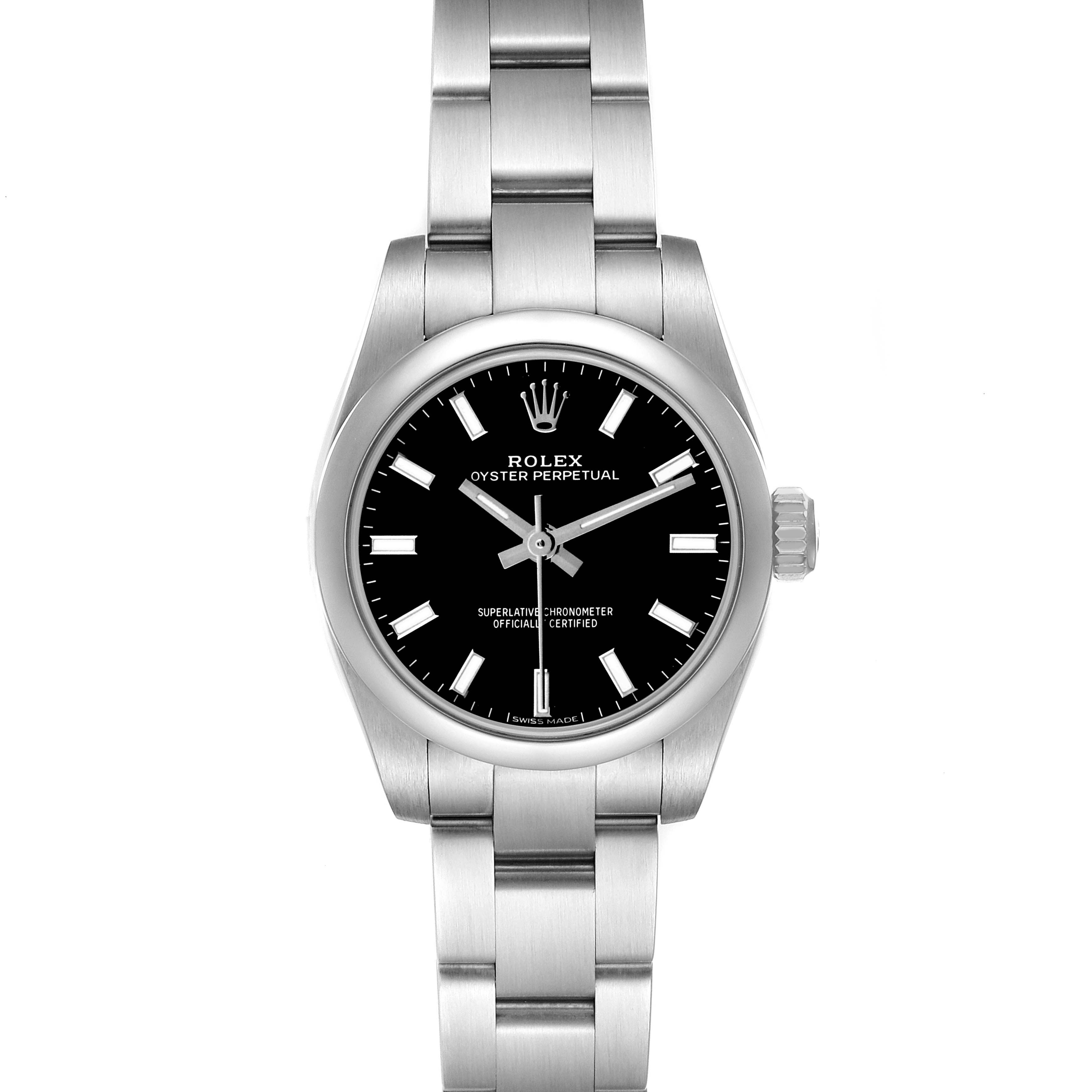 This Rolex Oyster Perpetual 176200 Women's Stainless Steel Black Dial watch is shown from the front, highlighting the dial, bezel, and bracelet.
