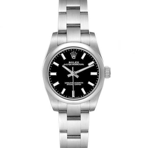 The Rolex Oyster Perpetual 176200 Women's Stainless Steel Black Dial watch is shown from a front angle, displaying its face, bezel, and part of the bracelet.