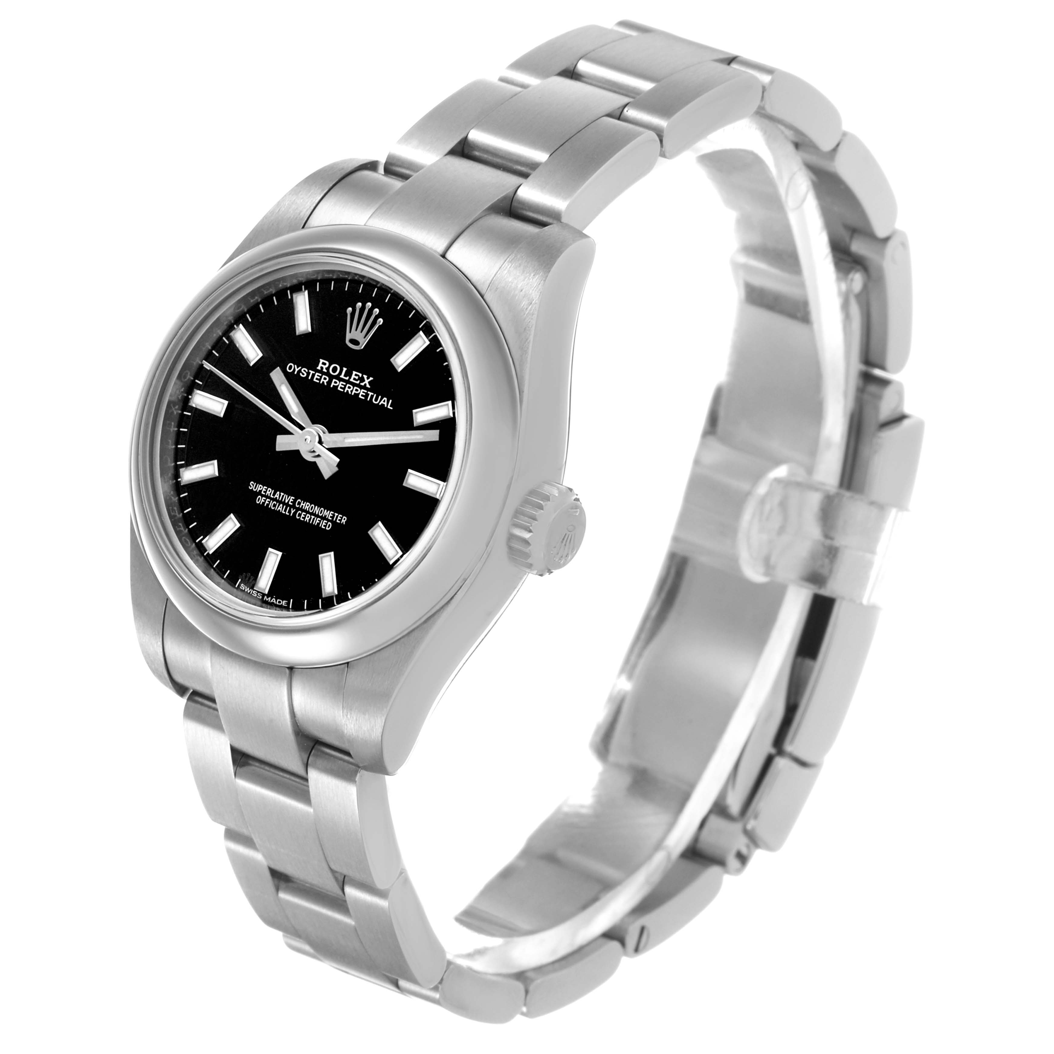 The image shows a side view of the Rolex Oyster Perpetual 176200 Women's Stainless Steel Black Dial watch, highlighting its black dial, stainless steel case, and bracelet.