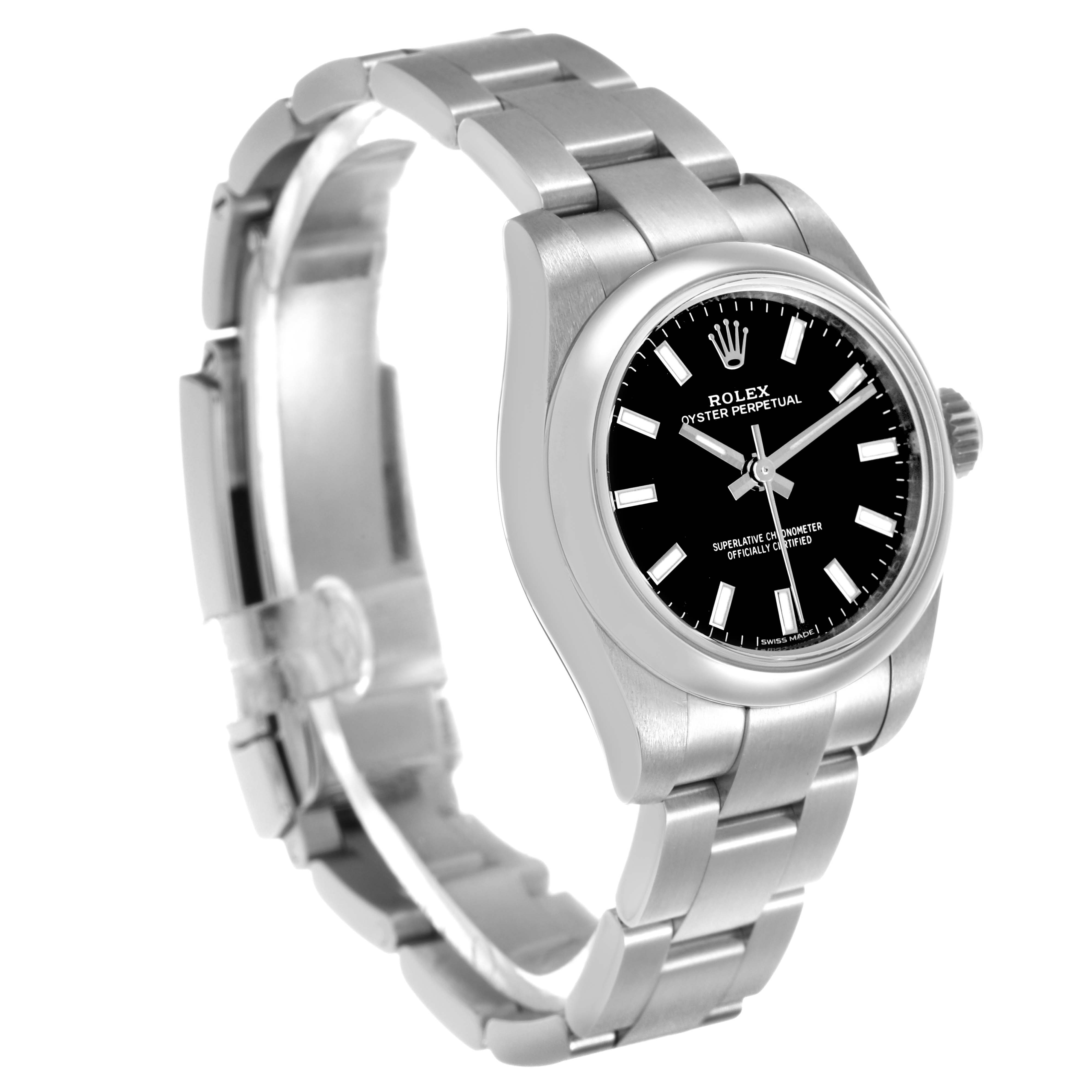 The Rolex Oyster Perpetual 176200 Women's Stainless Steel Black Dial watch is shown at a three-quarter angle, highlighting the face, bezel, and bracelet.
