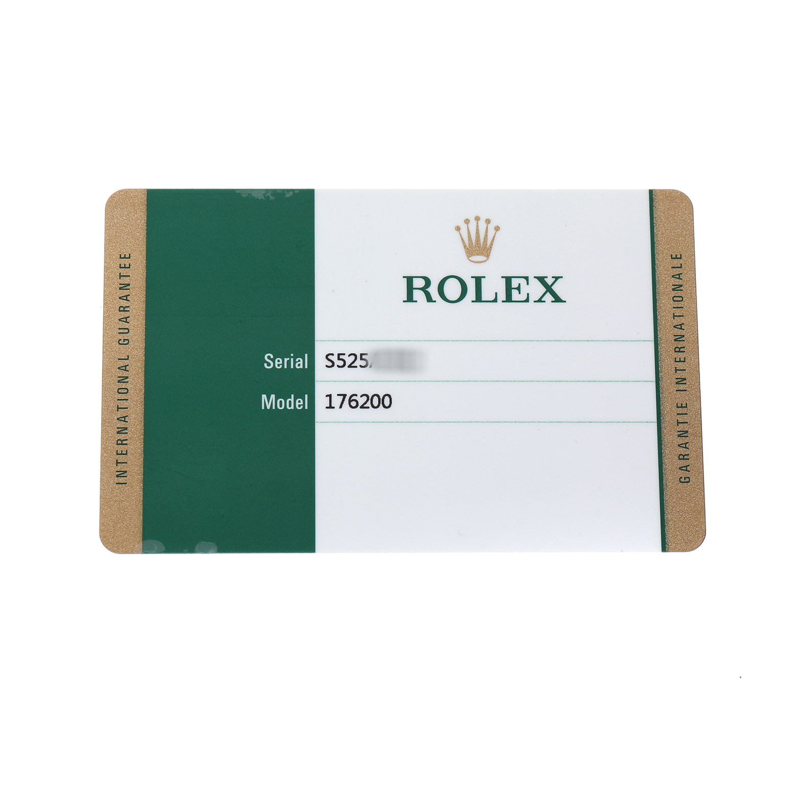 The image shows an international guarantee card for a Rolex Oyster Perpetual 176200 Men's Stainless Steel Black Dial, not the watch itself.