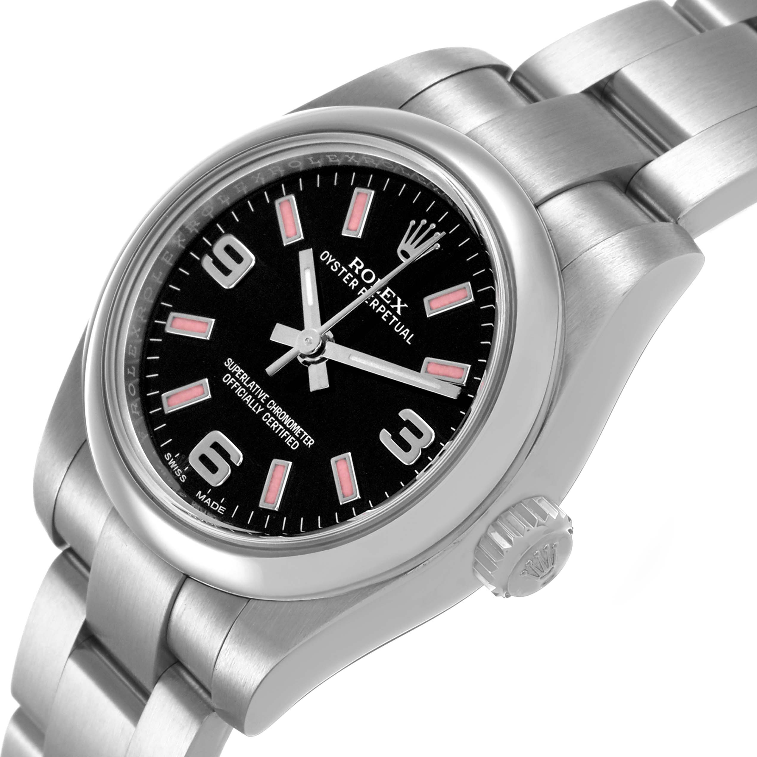 The Rolex Oyster Perpetual 176200 Men's Stainless Steel Black Dial watch is shown at an angle highlighting the dial, crown, and stainless steel bracelet.